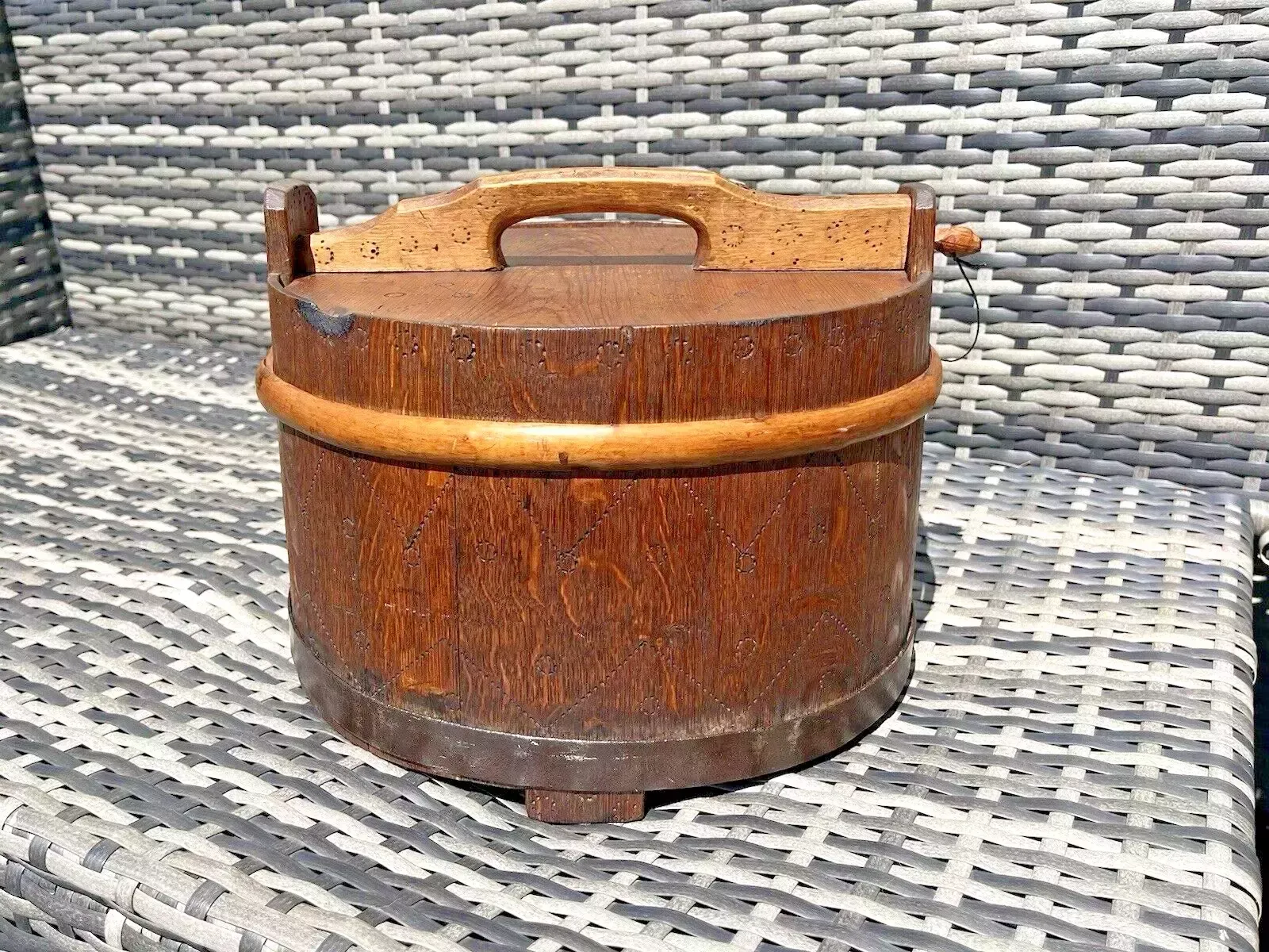 Large Antique Swedish Svepask Tine Bentwood Iron Folk Art Pokerwork Box Scandi photo for sale