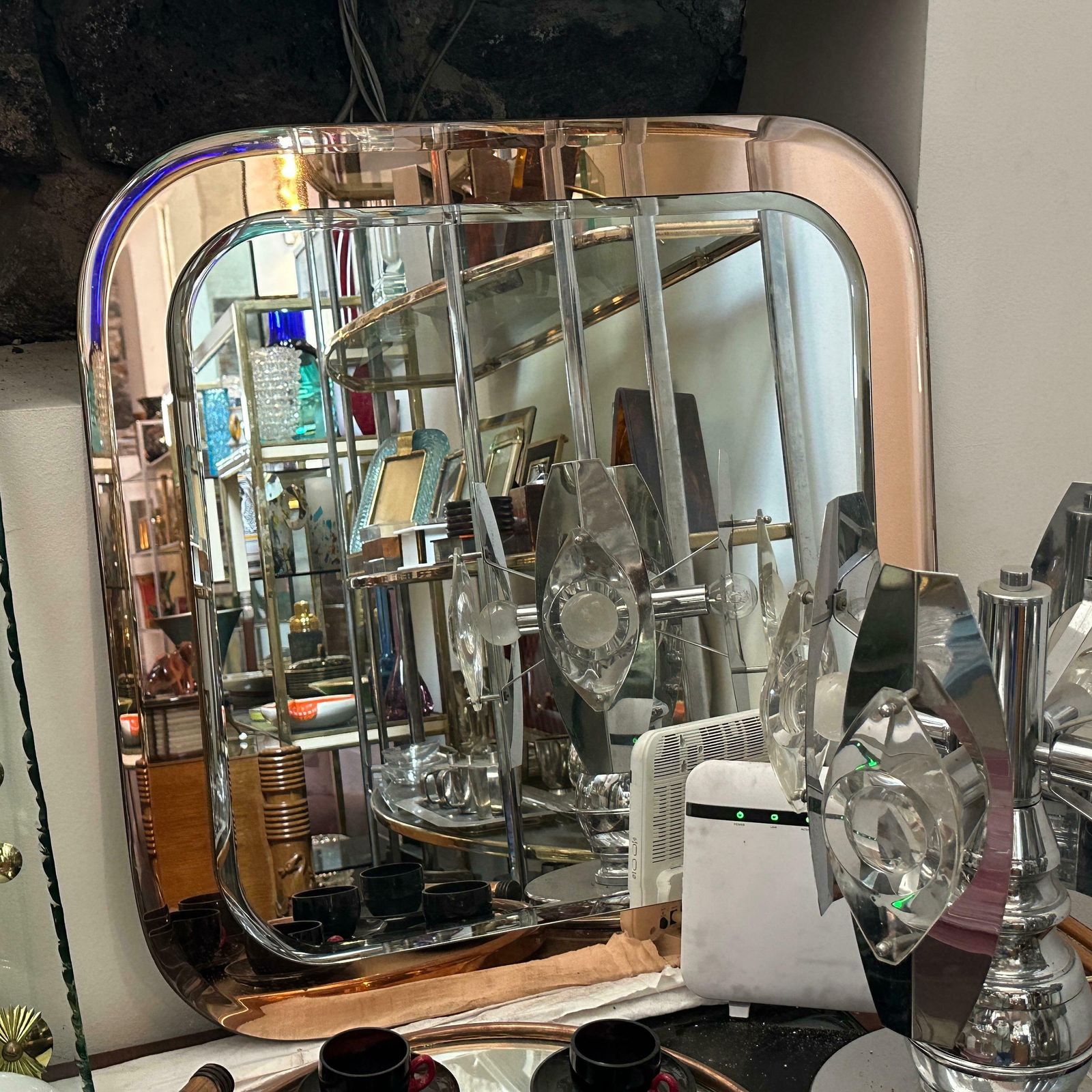 1970s Space Age Pink And Clear Glass Square Wall Mirror By Lupi Cristal Luxor photo furniture