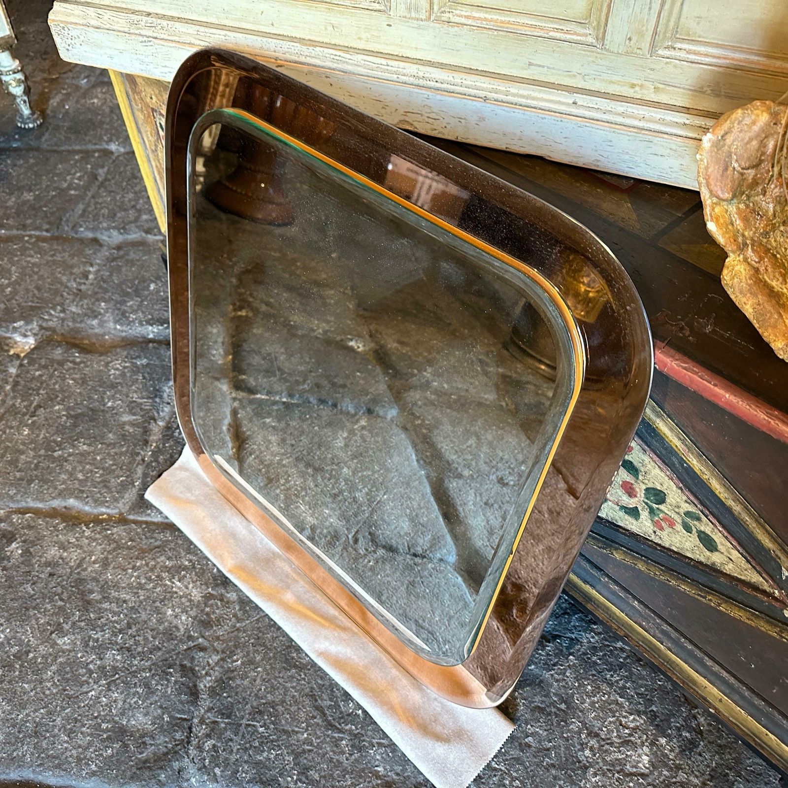 photo for sale 1970s Space Age Pink And Clear Glass Square Wall Mirror By Lupi Cristal Luxor