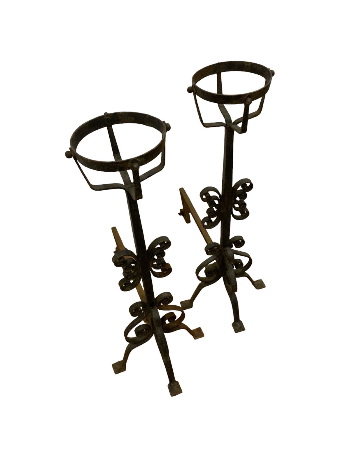 A Pair Of Large French Wrought Iron Fire Dogs With Large Fire Baskets photo buy