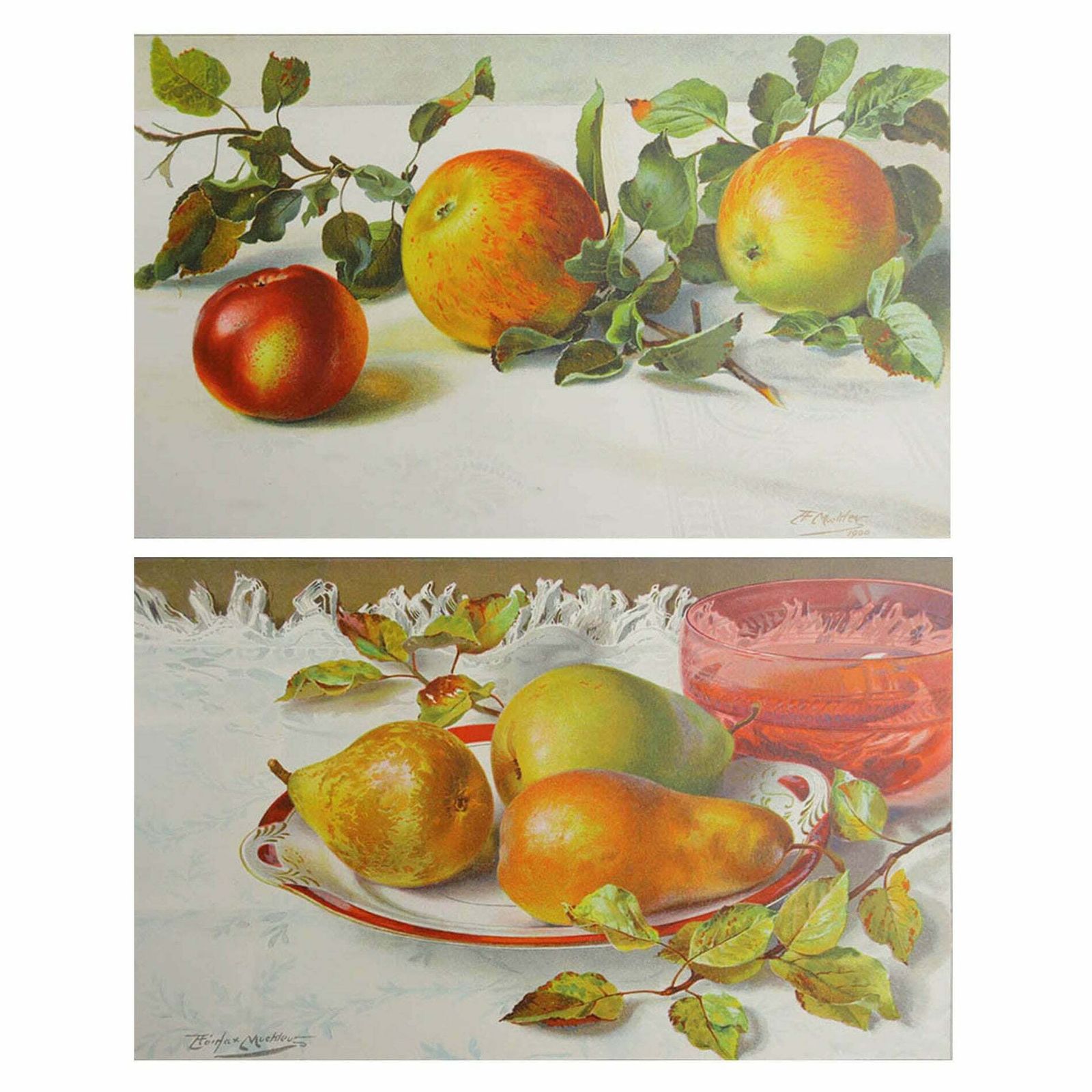Pair Of Original Antique Fruit Prints   Apples And Pears, C. 1900