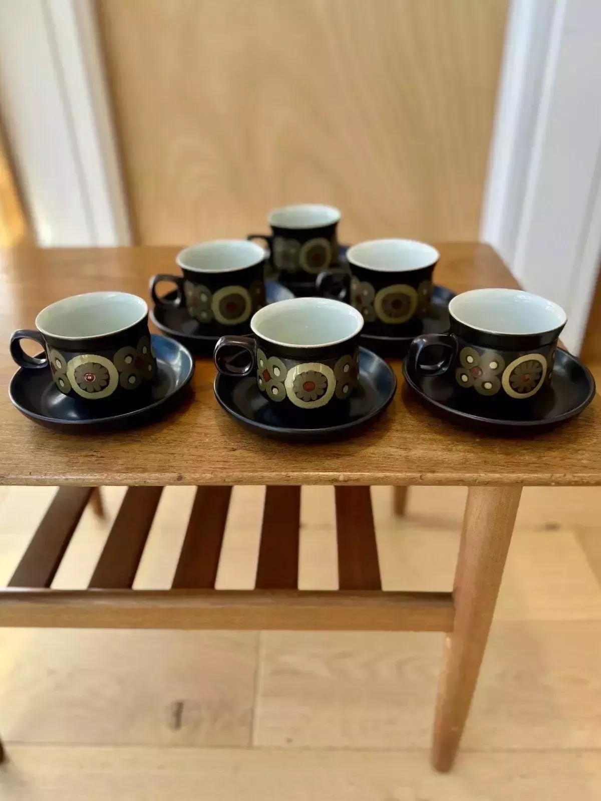 6 X 1960’s Denby Arabesque Coffee Cups And Saucers By Gill Pemberton photo furniture