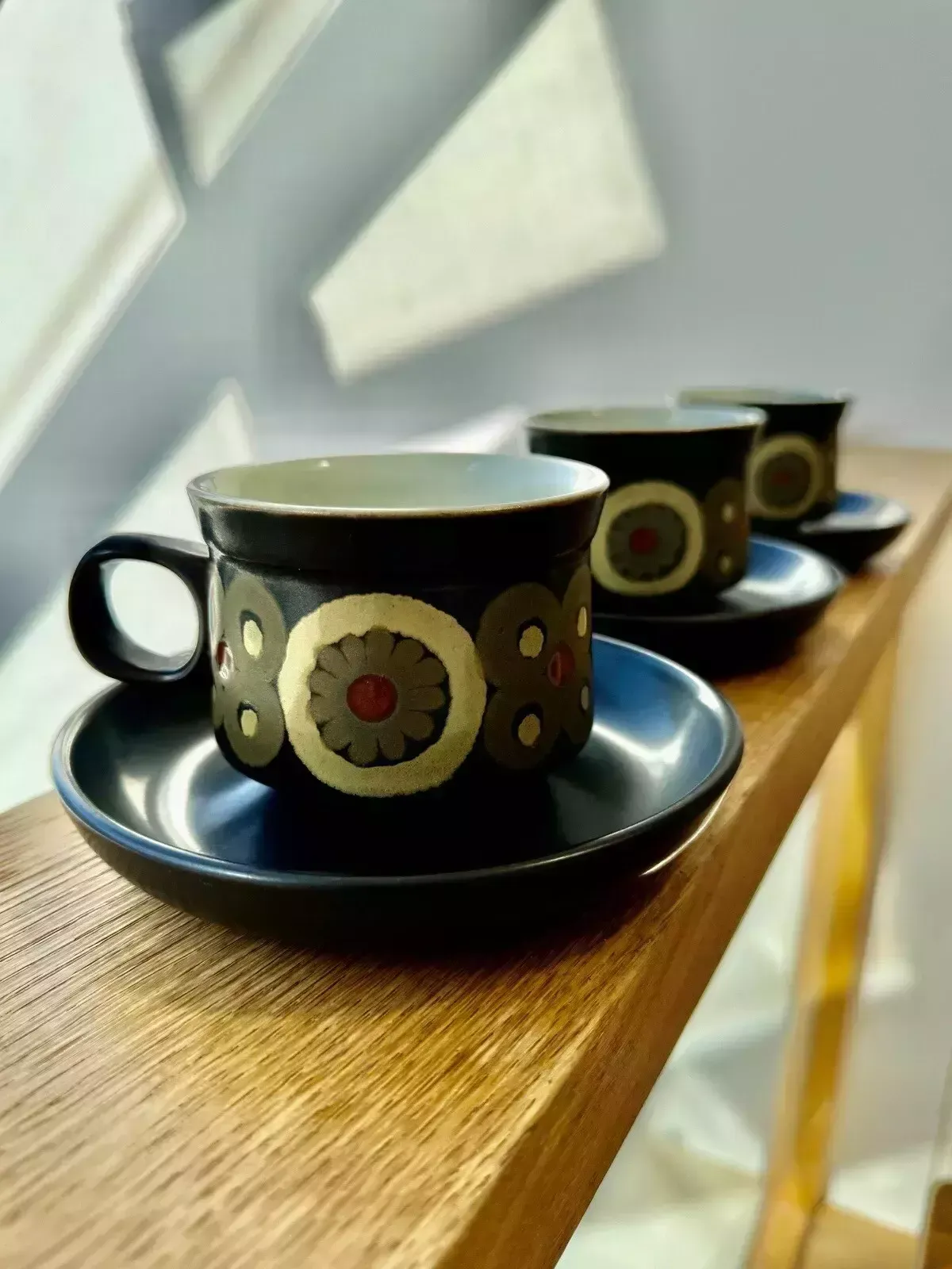 6 X 1960’s Denby Arabesque Coffee Cups And Saucers By Gill Pemberton photo vintage