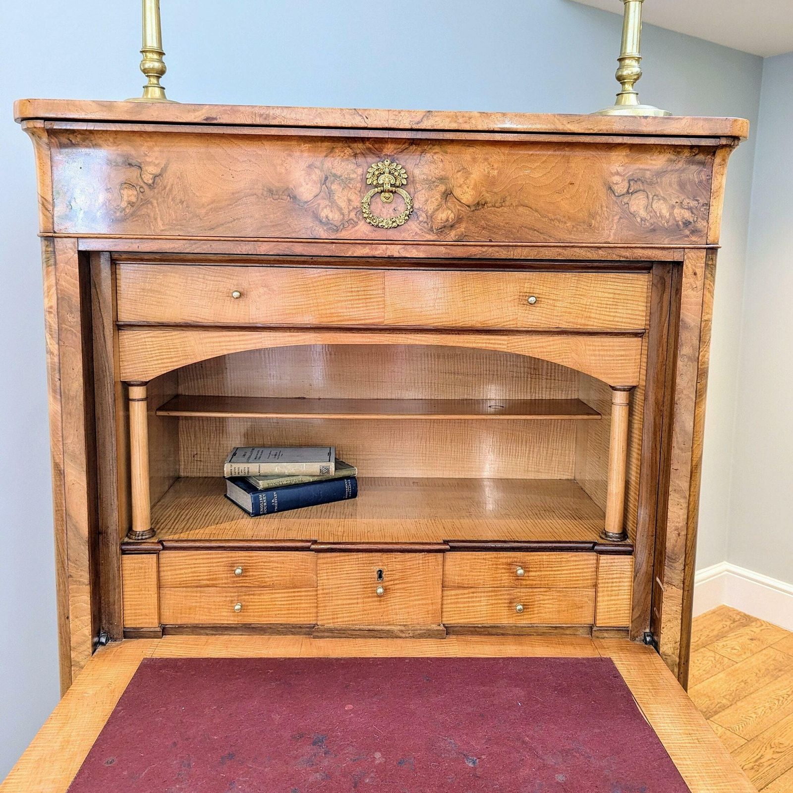 An Antique Biedermeier Period Burr Walnut Secretaire Desk With Drop Front C1840 photo for sale