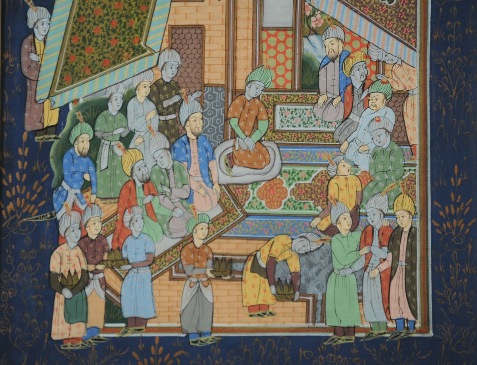 Vintage Framed Islamic Miniature Painting Of Royal Court On Silk photo Art
