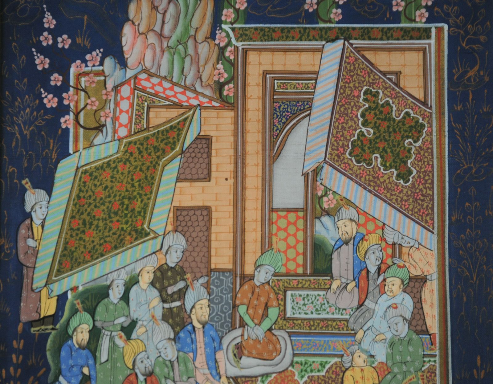 Vintage Framed Islamic Miniature Painting Of Royal Court On Silk photo for sale
