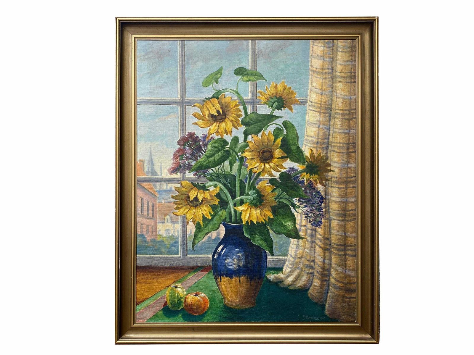 Framed Oil On Canvas C1947 Still Life Sunflowers In Vase Next To Window   Artist F. Augustinus