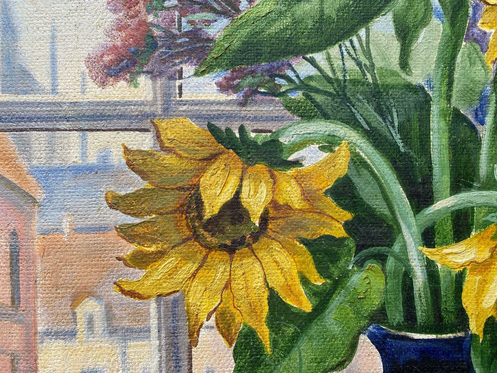 Framed Oil On Canvas C1947 Still Life Sunflowers In Vase Next To Window   Artist F. Augustinus photo Art
