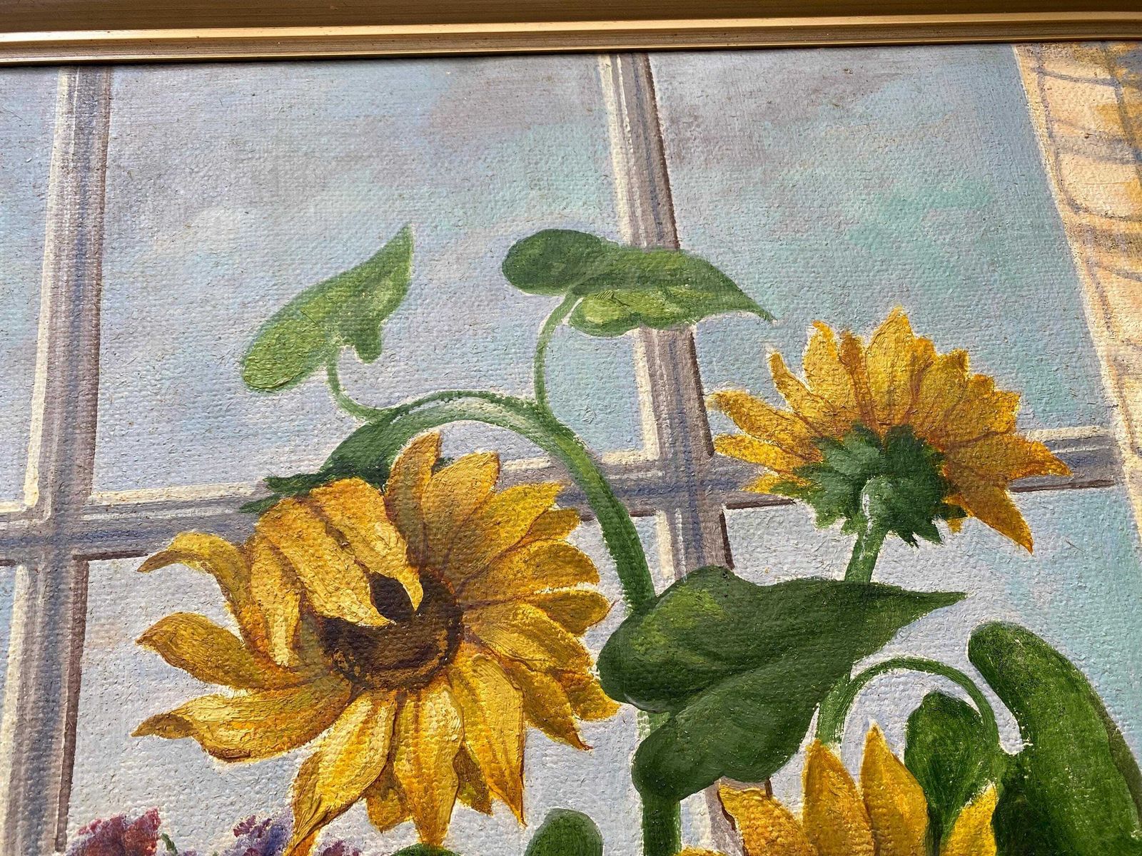Framed Oil On Canvas C1947 Still Life Sunflowers In Vase Next To Window   Artist F. Augustinus photo vinterior