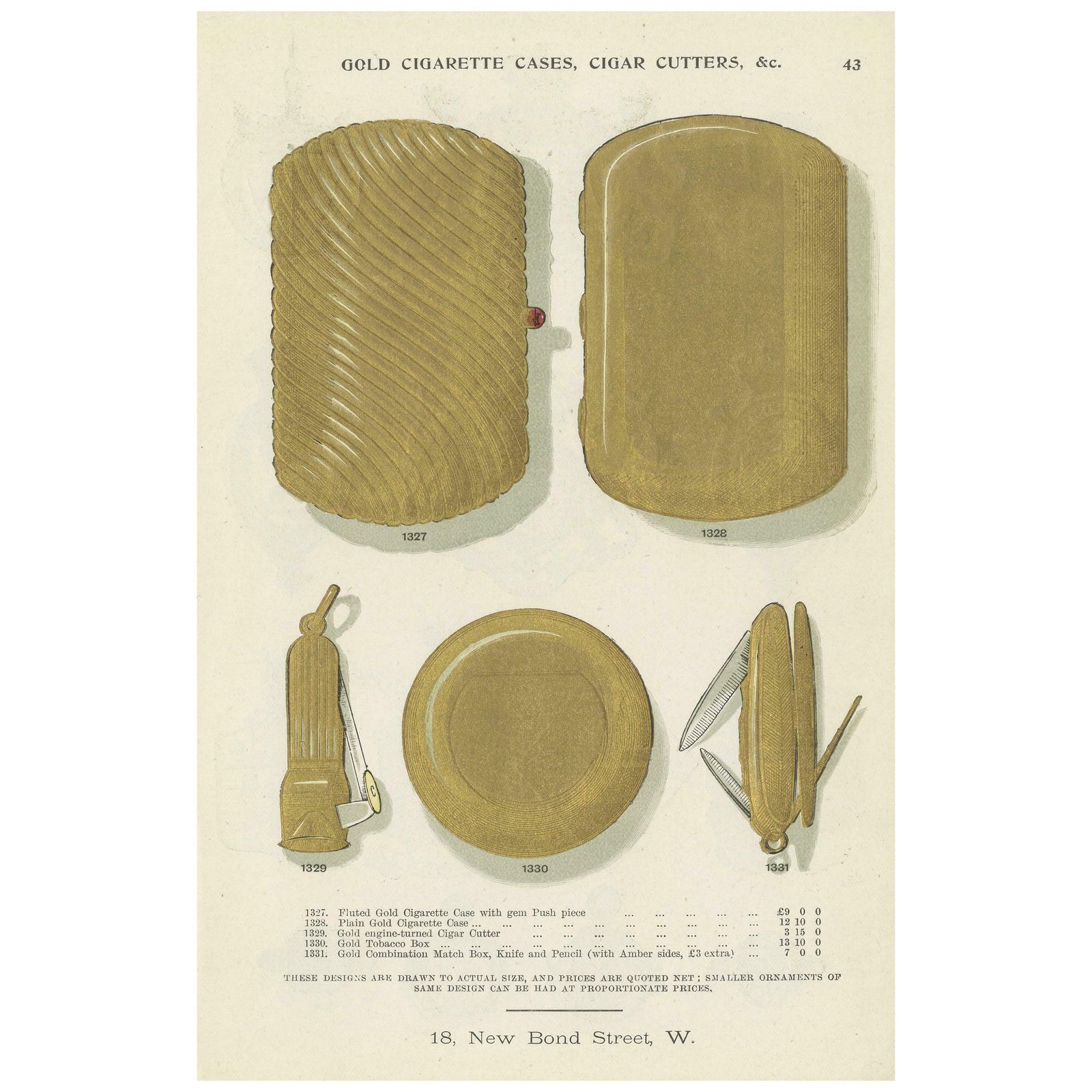 Antique Print Of Cigarette Cases And Cigar Cutters By Streeter, 1898