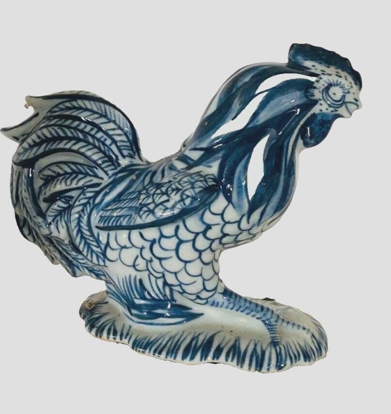 Pair Of Ceramic Roosters In Blue Camaieu 20th Century photo for sale