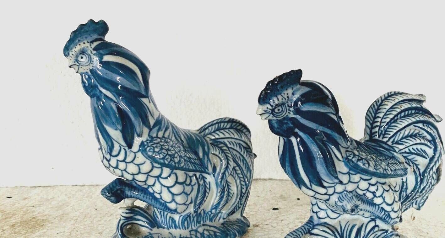 Pair Of Ceramic Roosters In Blue Camaieu 20th Century photo 193.8