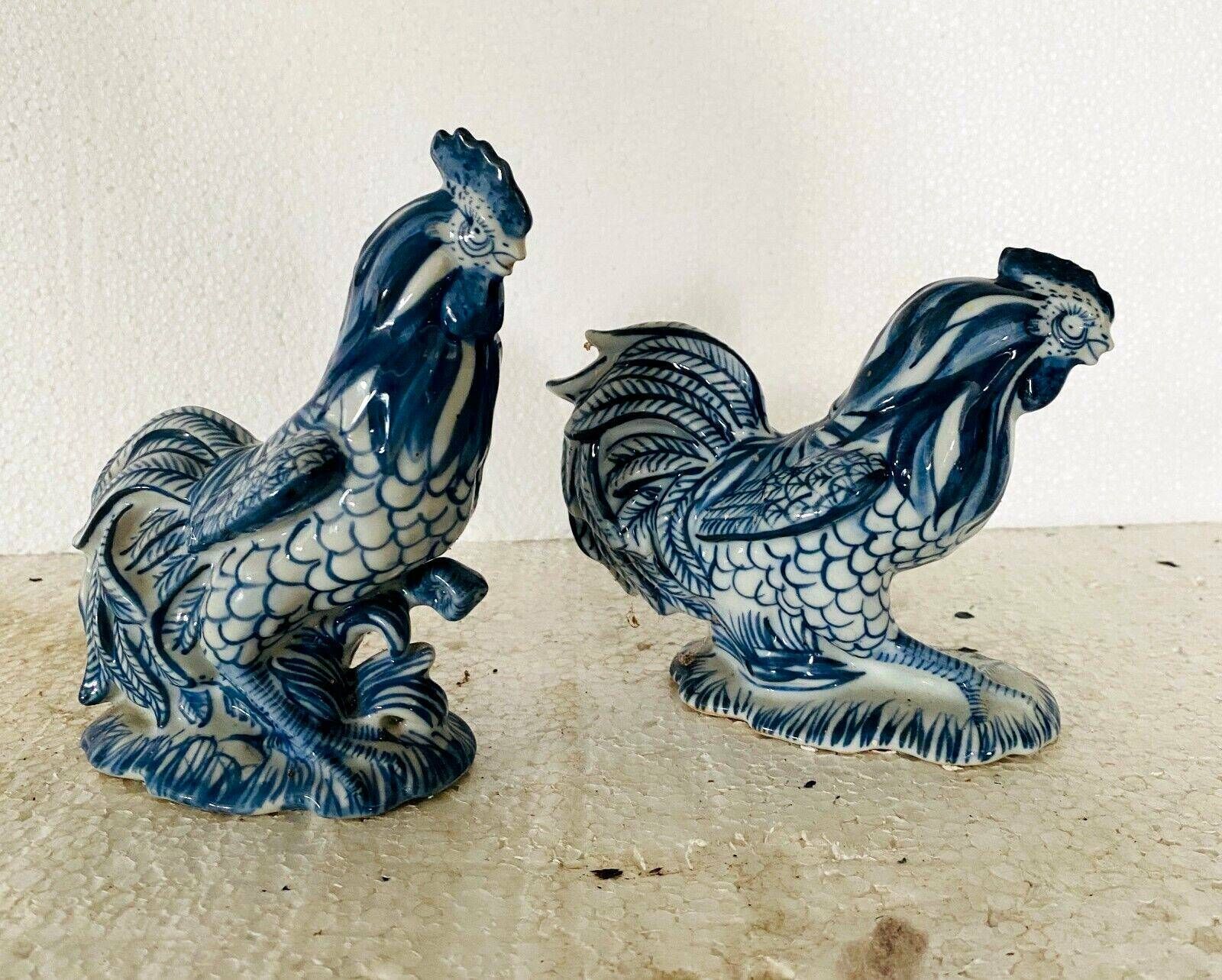 Pair Of Ceramic Roosters In Blue Camaieu 20th Century photo vintage