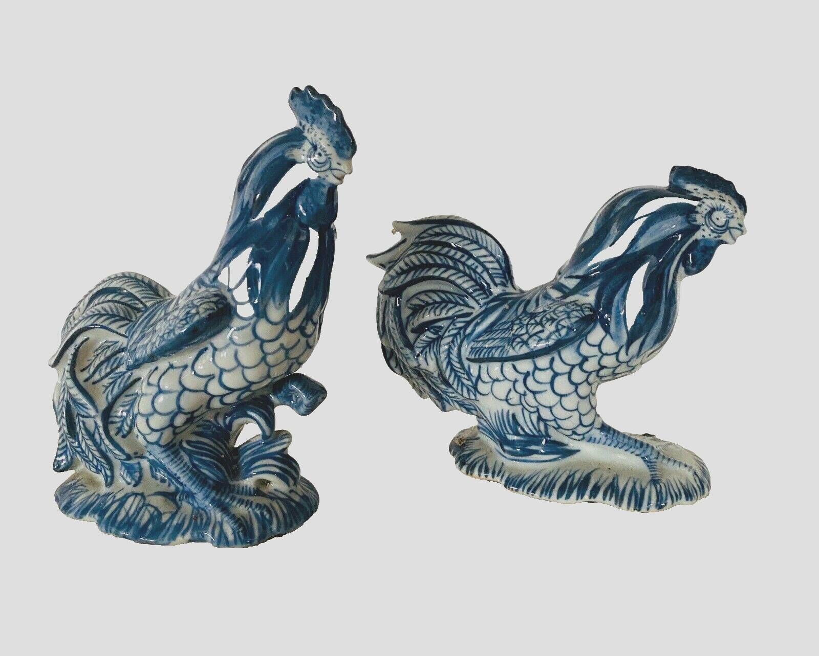 193.8 Pair Of Ceramic Roosters In Blue Camaieu 20th Century photo