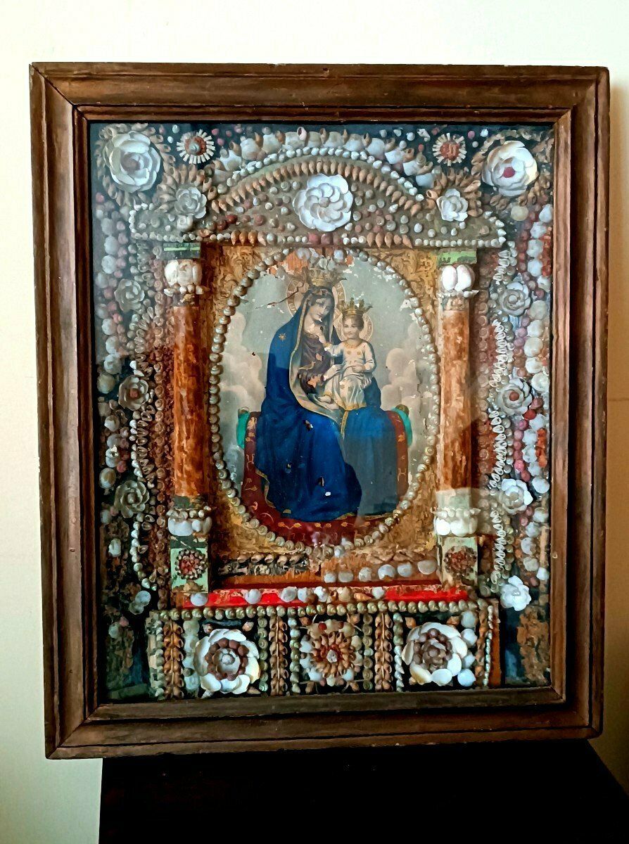 Large Execution Of The Madonna In A Setting Of Coral And Shells, 19th Century photo for sale