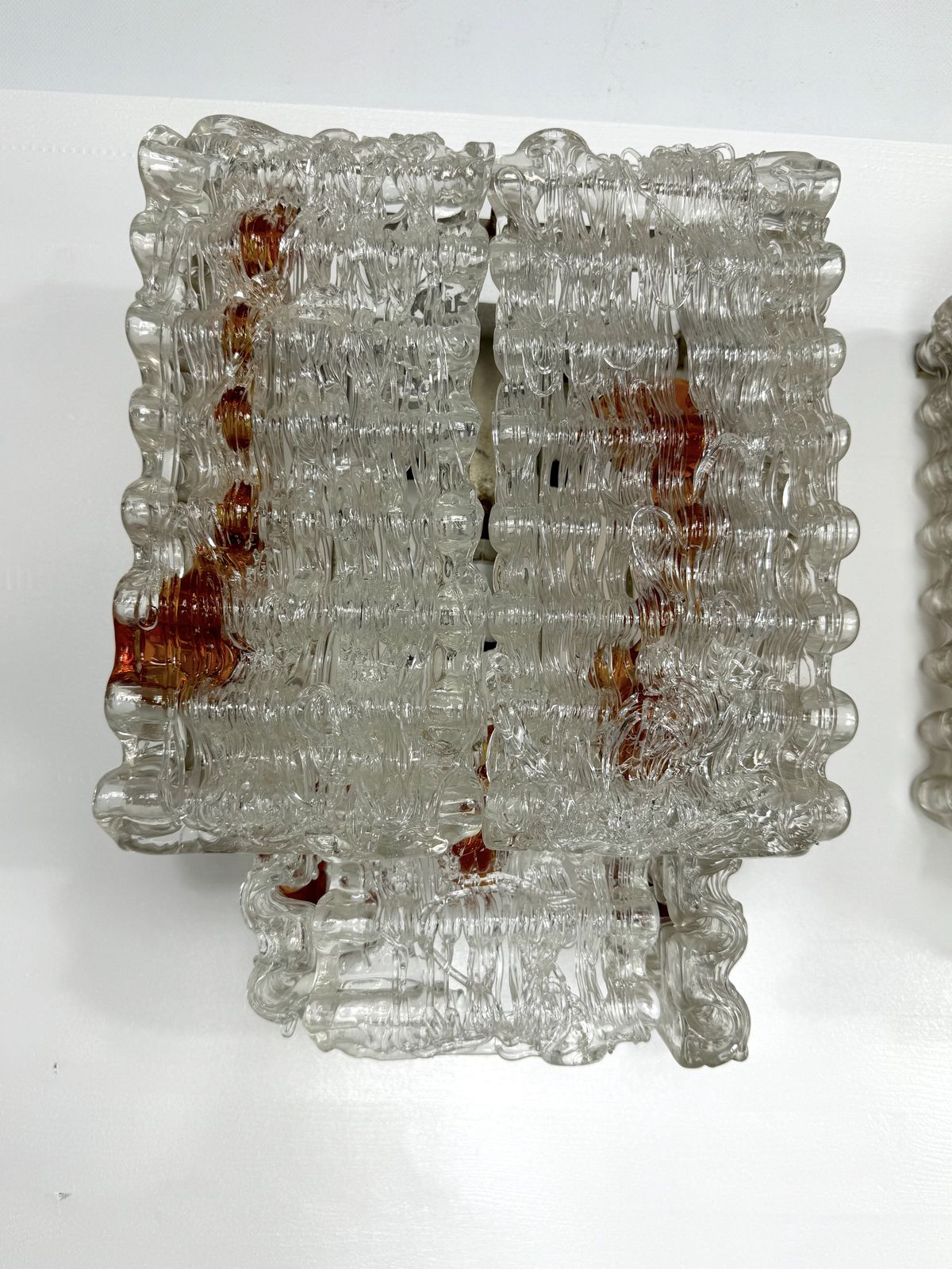 photo vintage Set Of Four Large Wall Lamps In Murano Glass Elements By Poliarte. Italy 1970s