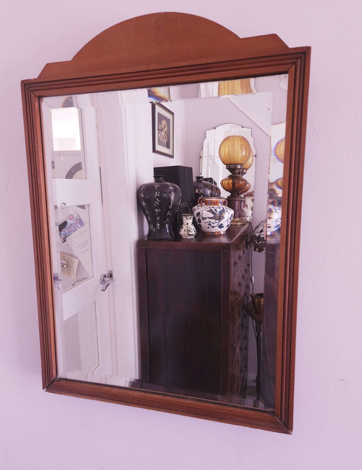 Beautiful Antique Bevelled Mirror In Light Mahogany With Classic Arch Design photo furniture