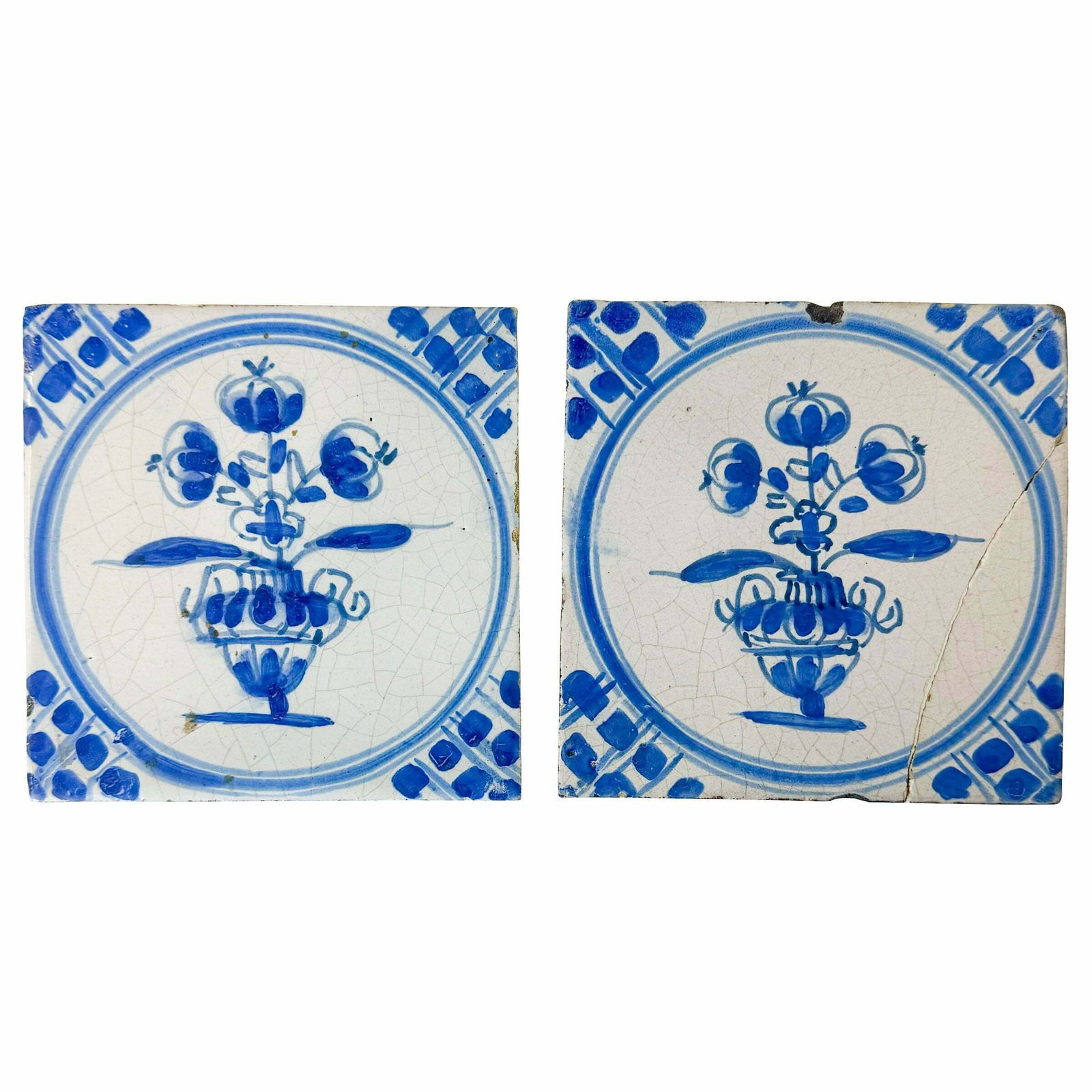 Set Of 2 Antique 18th Century Dutch Delft Floral Tiles