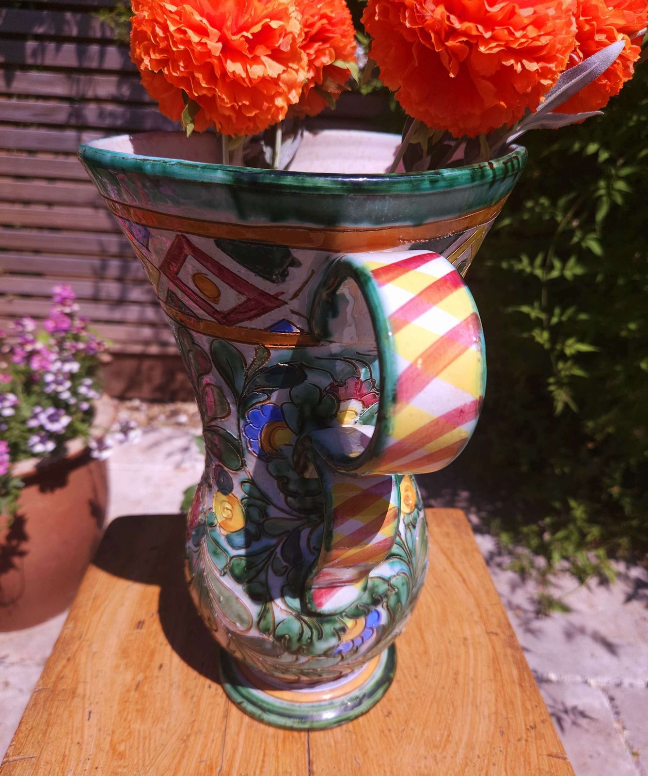 Large And Amazing Technicolour Italian Majolica Vase Jug, In Beswick Ware Style photo vintage