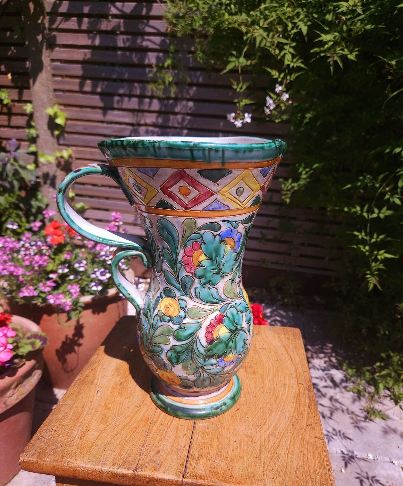 photo for sale Large And Amazing Technicolour Italian Majolica Vase Jug, In Beswick Ware Style