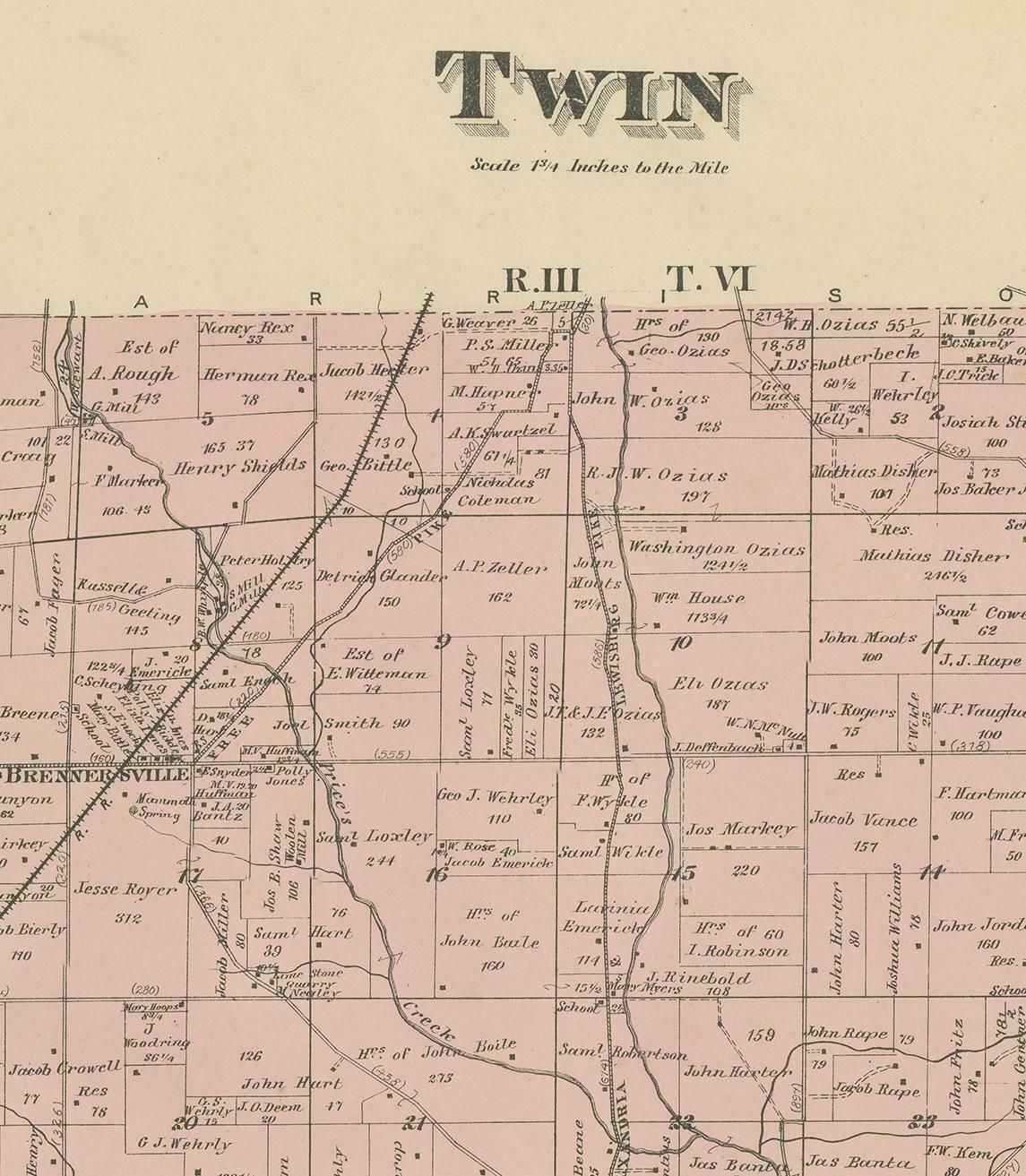 Antique Map Of The Twin Township Of Ohio By Titus '1871' photo for sale