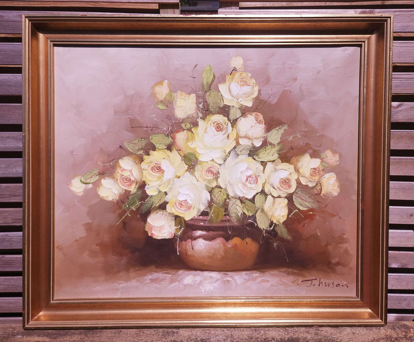 Large, Framed Floral Oil On Canvas Of Yellow Roses Signed By Artist C.Johnson photo 199.0