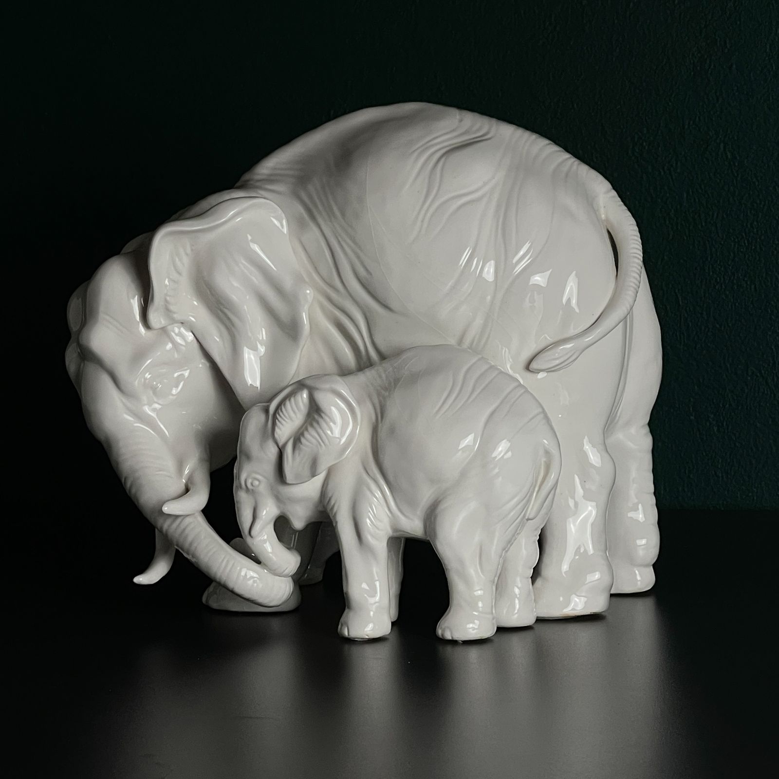 Art White Porcelain Figurine Elephant And Baby By Artepiu Este, Italy 1990s photo