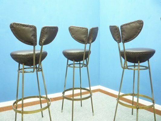 Mid Century Leather And Steel Bar Stools, 1950s, Set Of 4 photo Furniture
