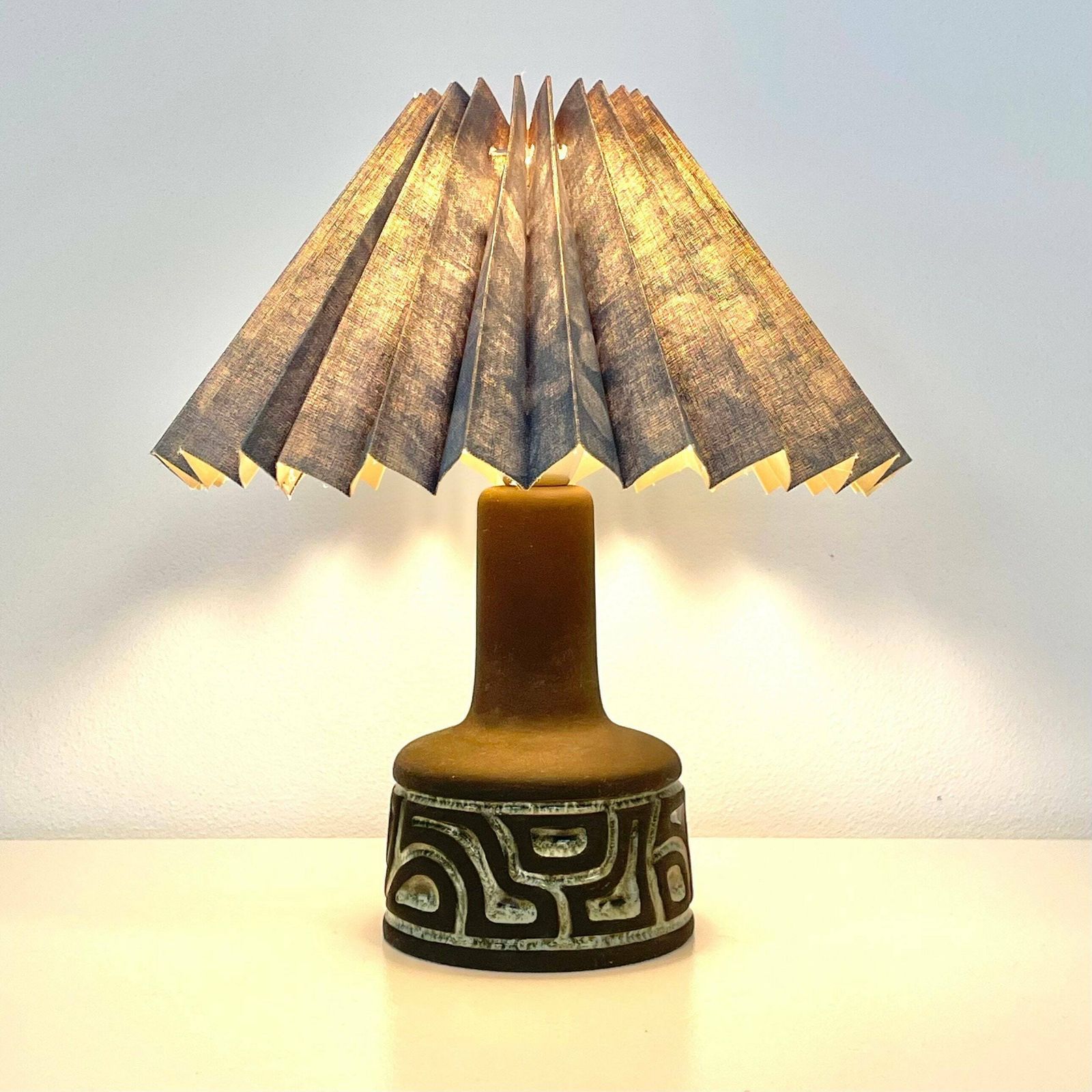 Classic Danish Mid Century Vintage Ceramic Stone Ware Design Table Lamp In Raw Clay And Gorgeous Blue Glaze With Blue Pleated Shade