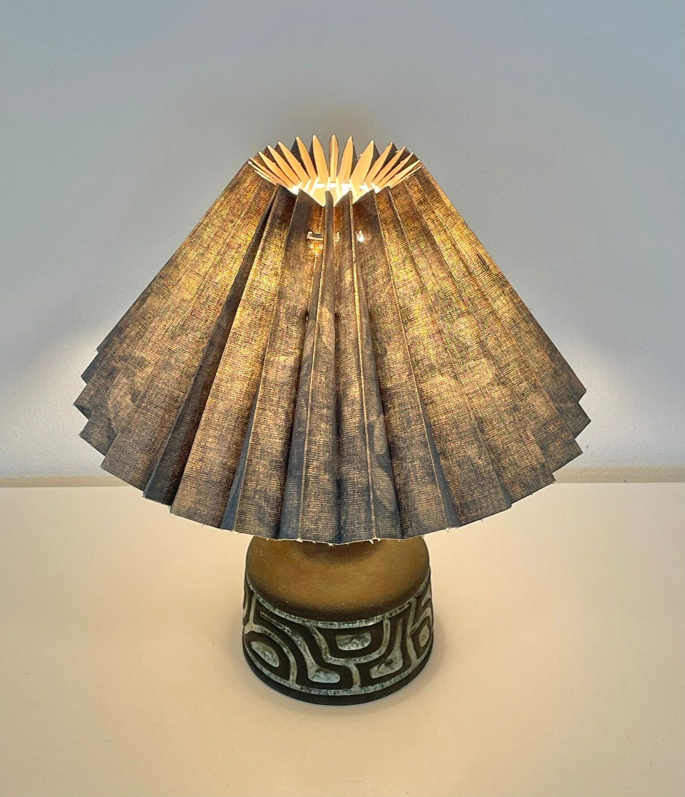 Classic Danish Mid Century Vintage Ceramic Stone Ware Design Table Lamp In Raw Clay And Gorgeous Blue Glaze With Blue Pleated Shade photo for sale
