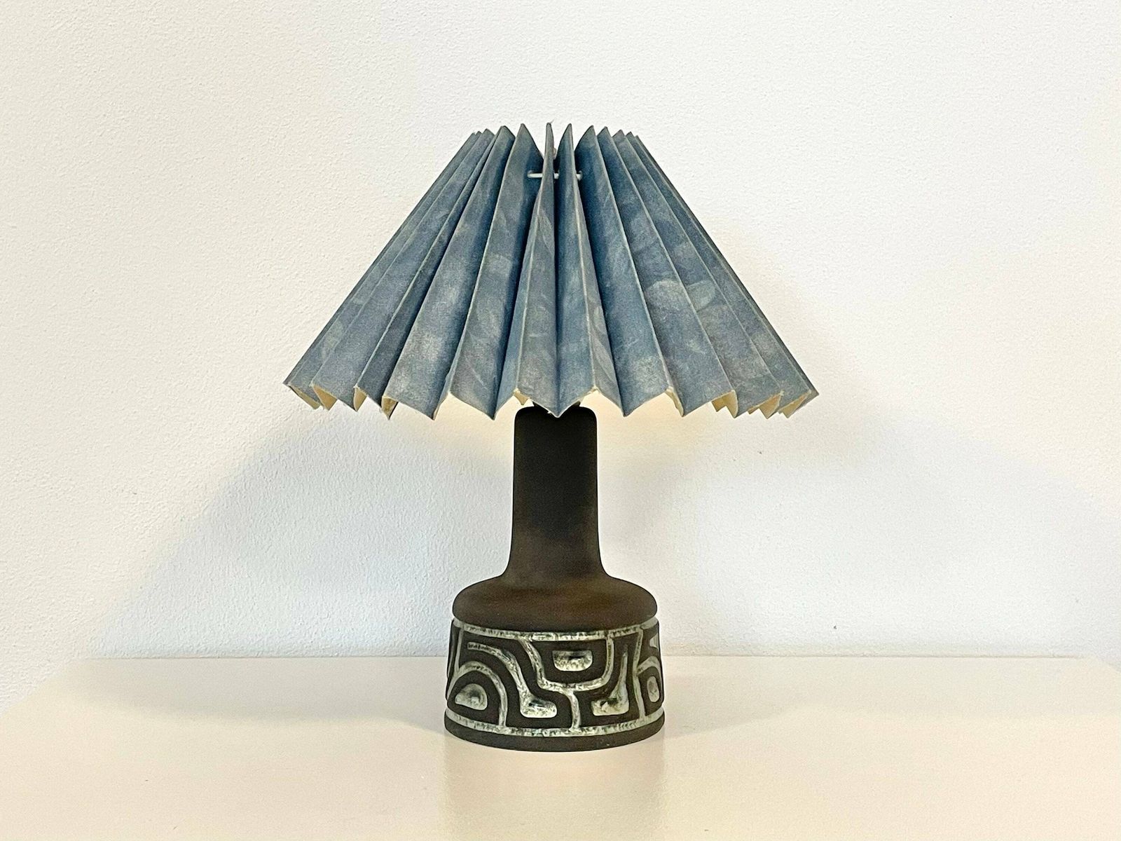 Classic Danish Mid Century Vintage Ceramic Stone Ware Design Table Lamp In Raw Clay And Gorgeous Blue Glaze With Blue Pleated Shade photo Lighting