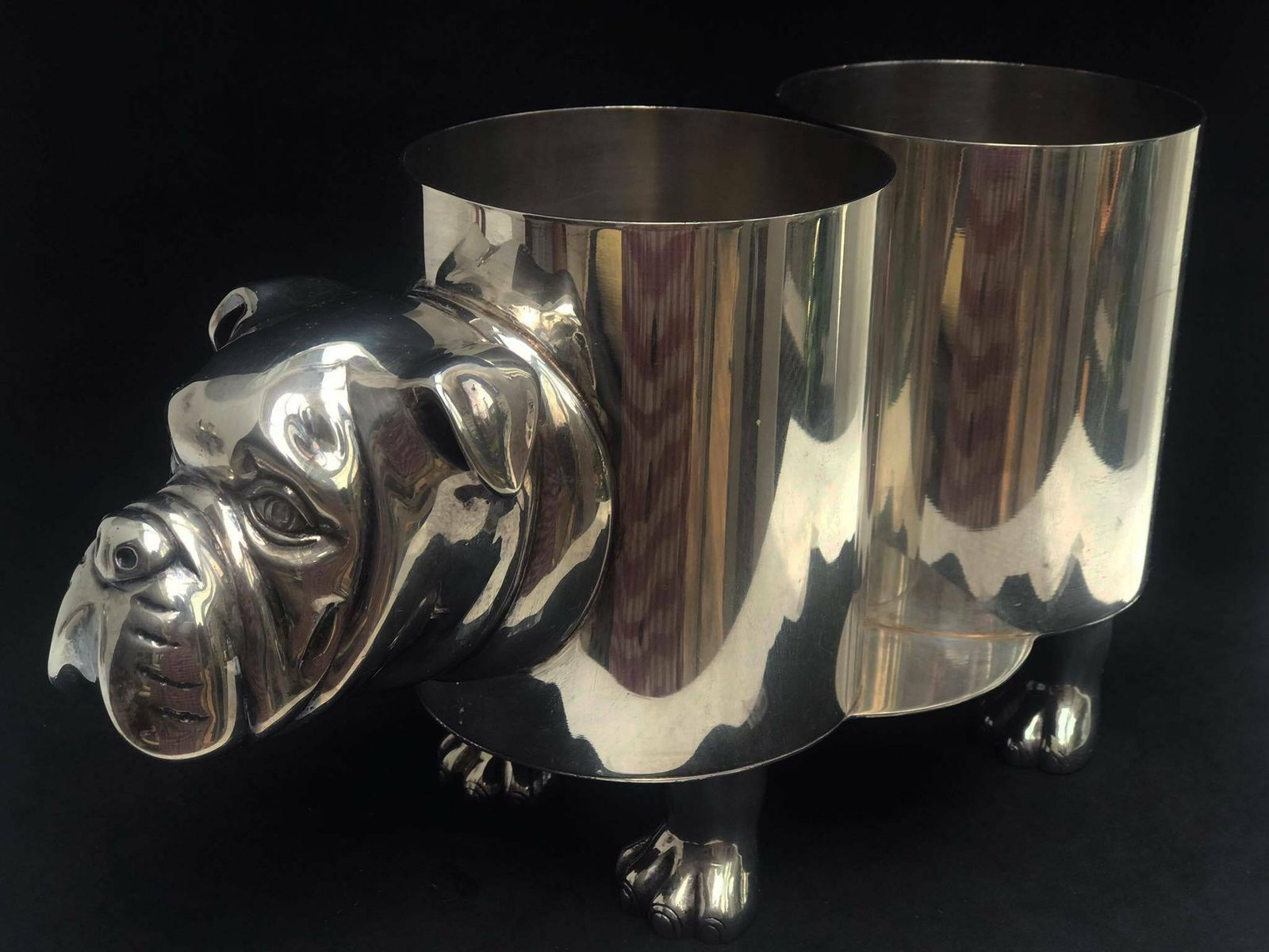 Silver Plate Vintage Wine Bottle Holder Bulldog Shaped 1960s Spain Bar Cart Decor, Animal Lover Gift, Champagne Holder Ice Bucket Luxury