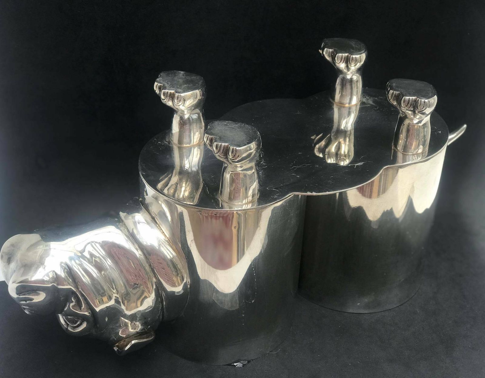 Silver Plate Vintage Wine Bottle Holder Bulldog Shaped 1960s Spain Bar Cart Decor, Animal Lover Gift, Champagne Holder Ice Bucket Luxury photo vinterior
