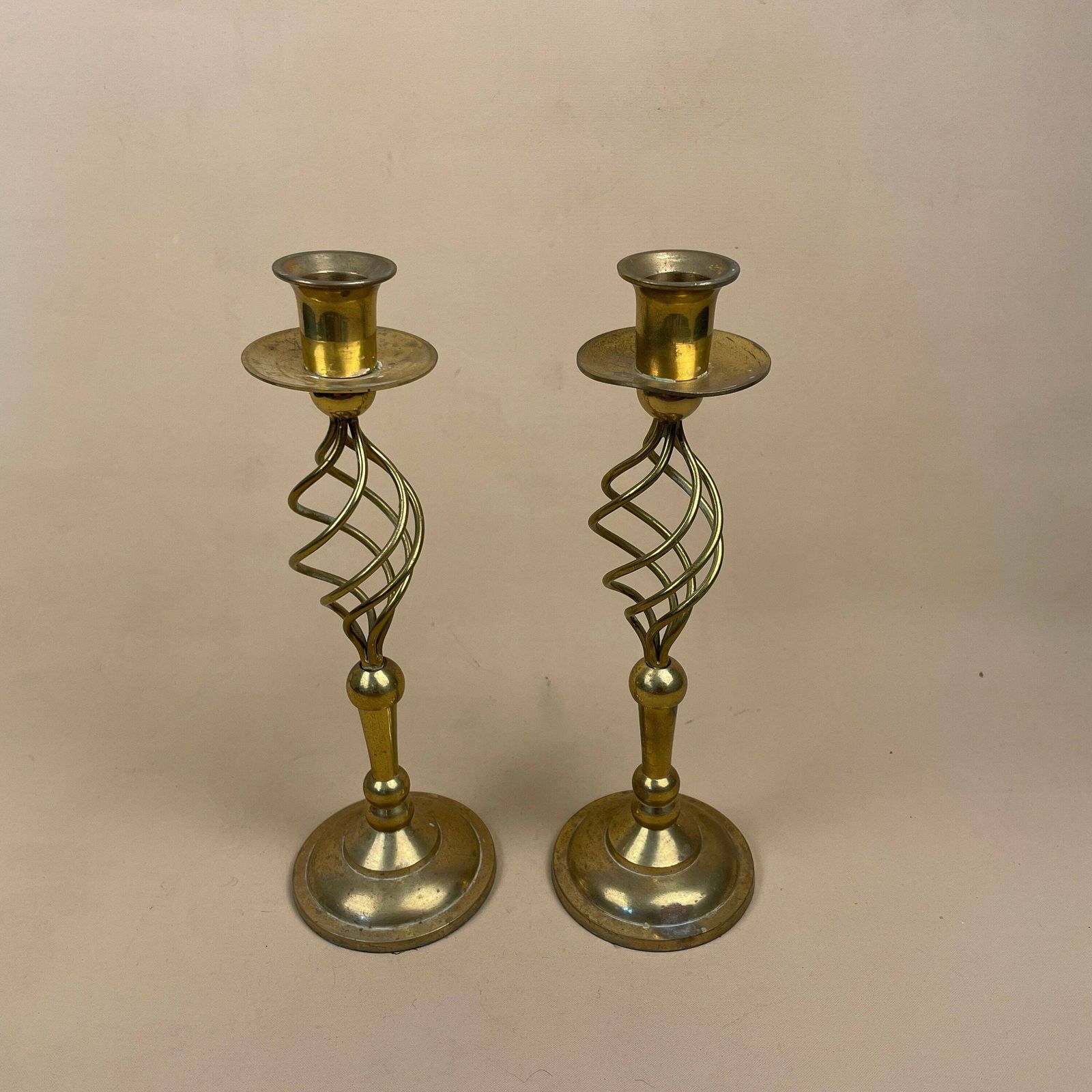 Antique Matching Pair Of Gold Brass Metal Candlestick Candle Stick Vintage Column Taper Candlesticks Round Base Set Twisted Twist Dinner