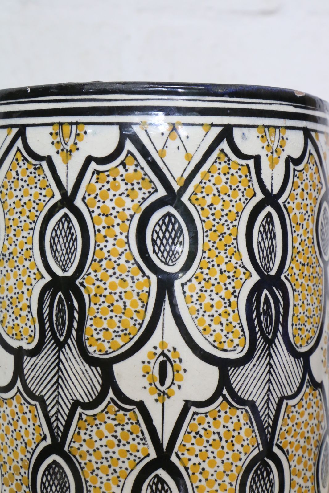 A Large Antique Moroccan Safi Pottery Vase In Yellow And Blue photo for sale