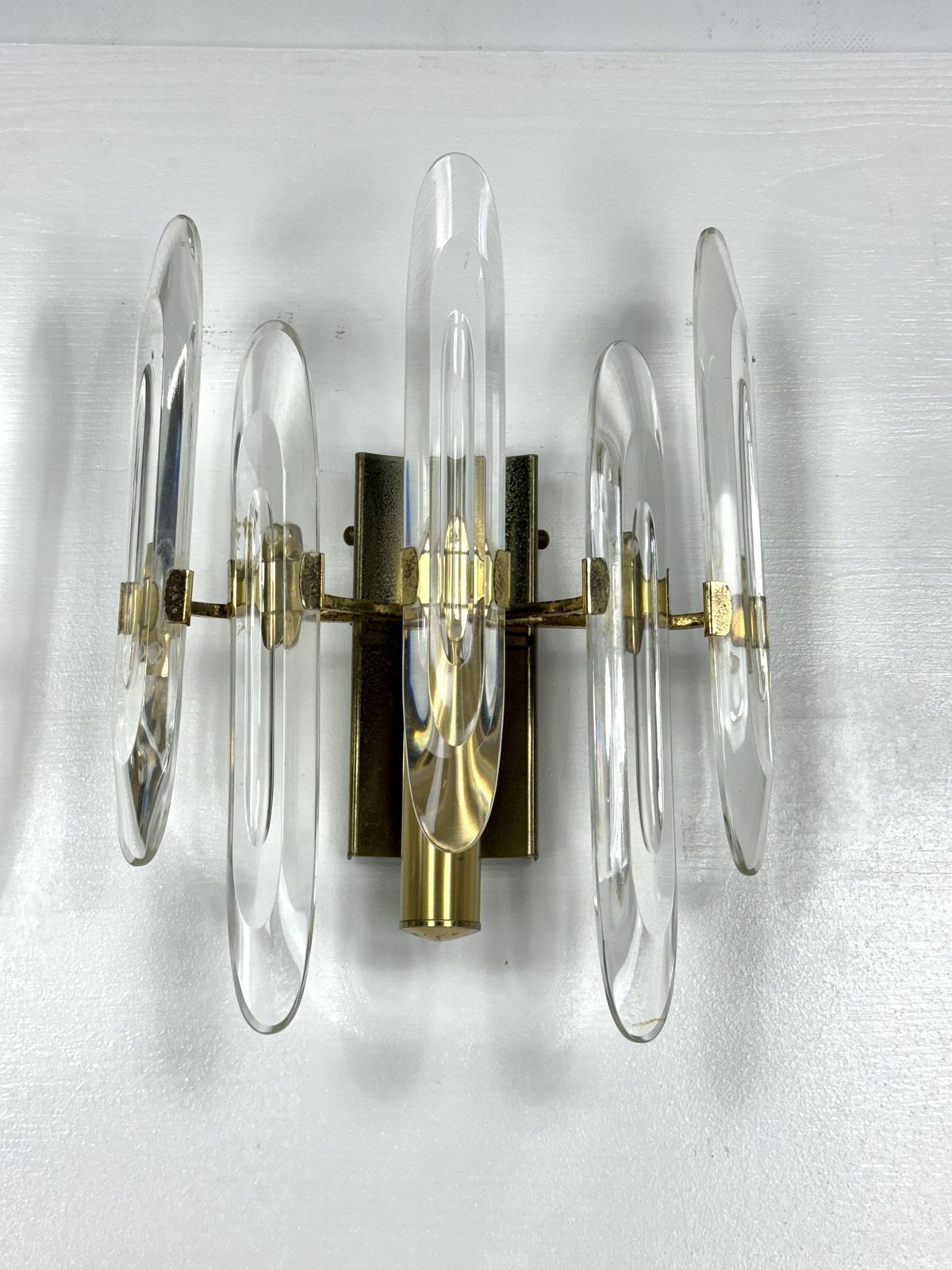 Sciolari, Set Of Two Large Sconces In Glass And Gilded Brass. Italy 1970s photo buy