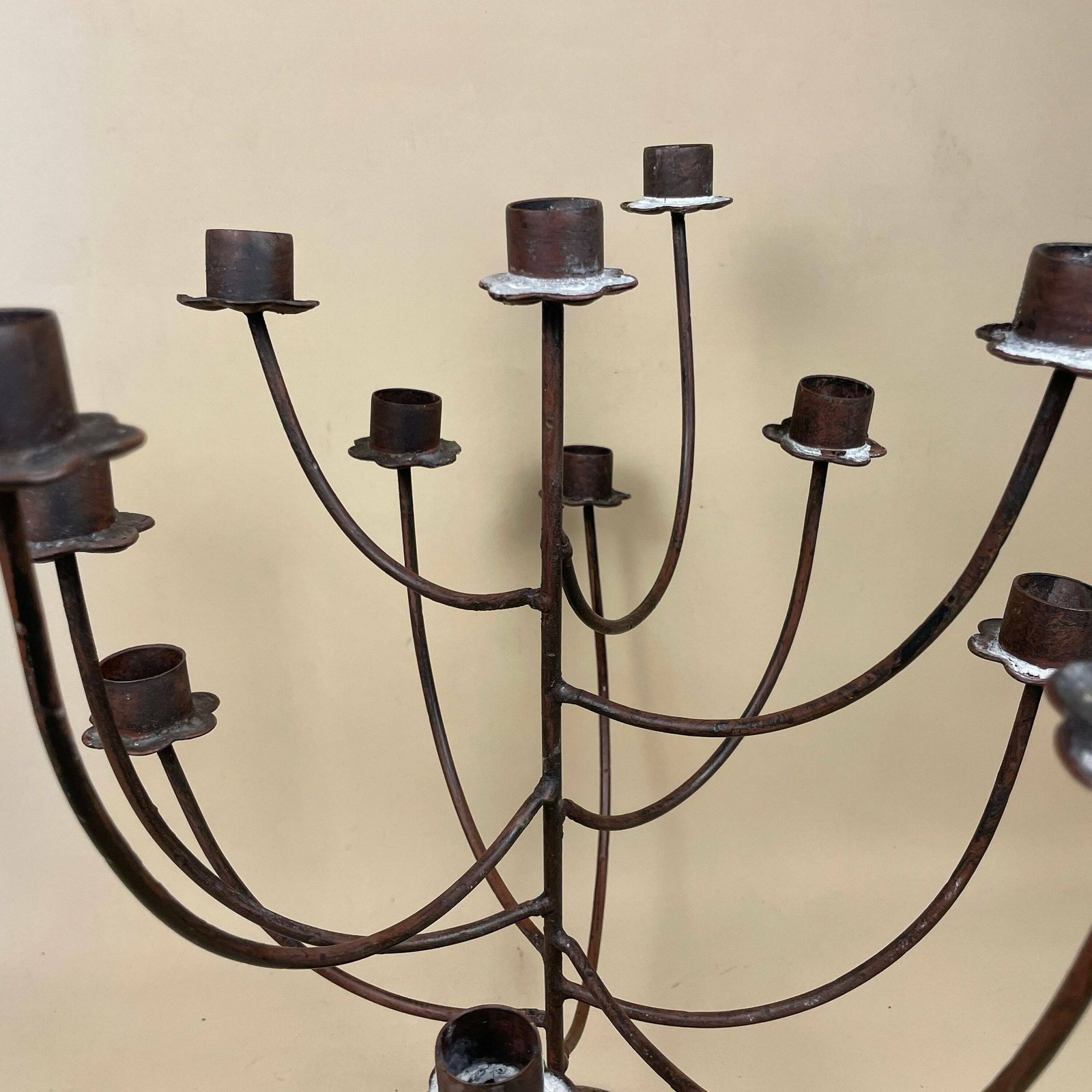 Antique Vintage Candelabra Metal Candlestick Candle Stick Handmade Taper Dinner Candlesticks Pattern 10 Arms Table Top Farmhouse Rustic Tree photo vintage