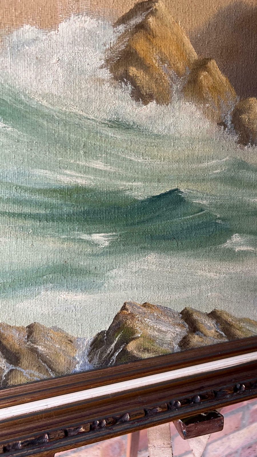 1974 Original Signed And Framed Oil Painting Depicting Sea Waves Bouncing Off Rocks photo vinterior