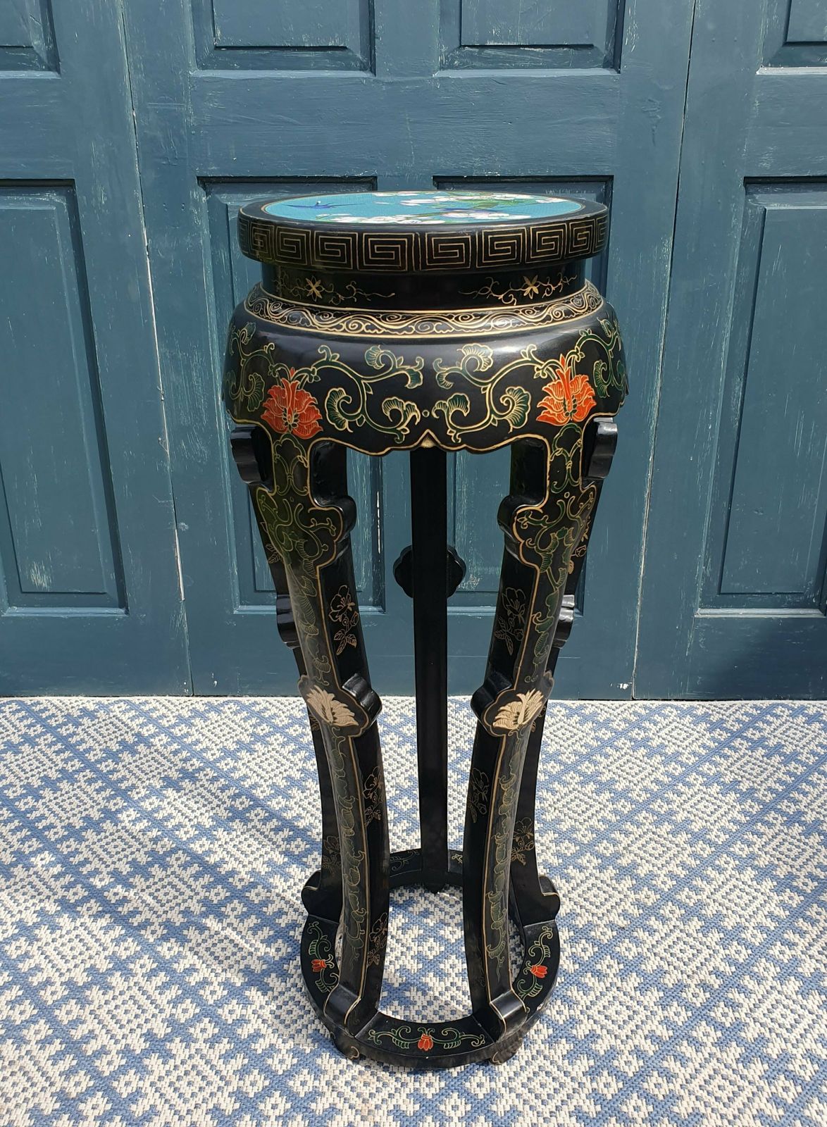 Black Lacquered Chinoiserie Jardiniere Stand With Cloisonne Top photo vinterior