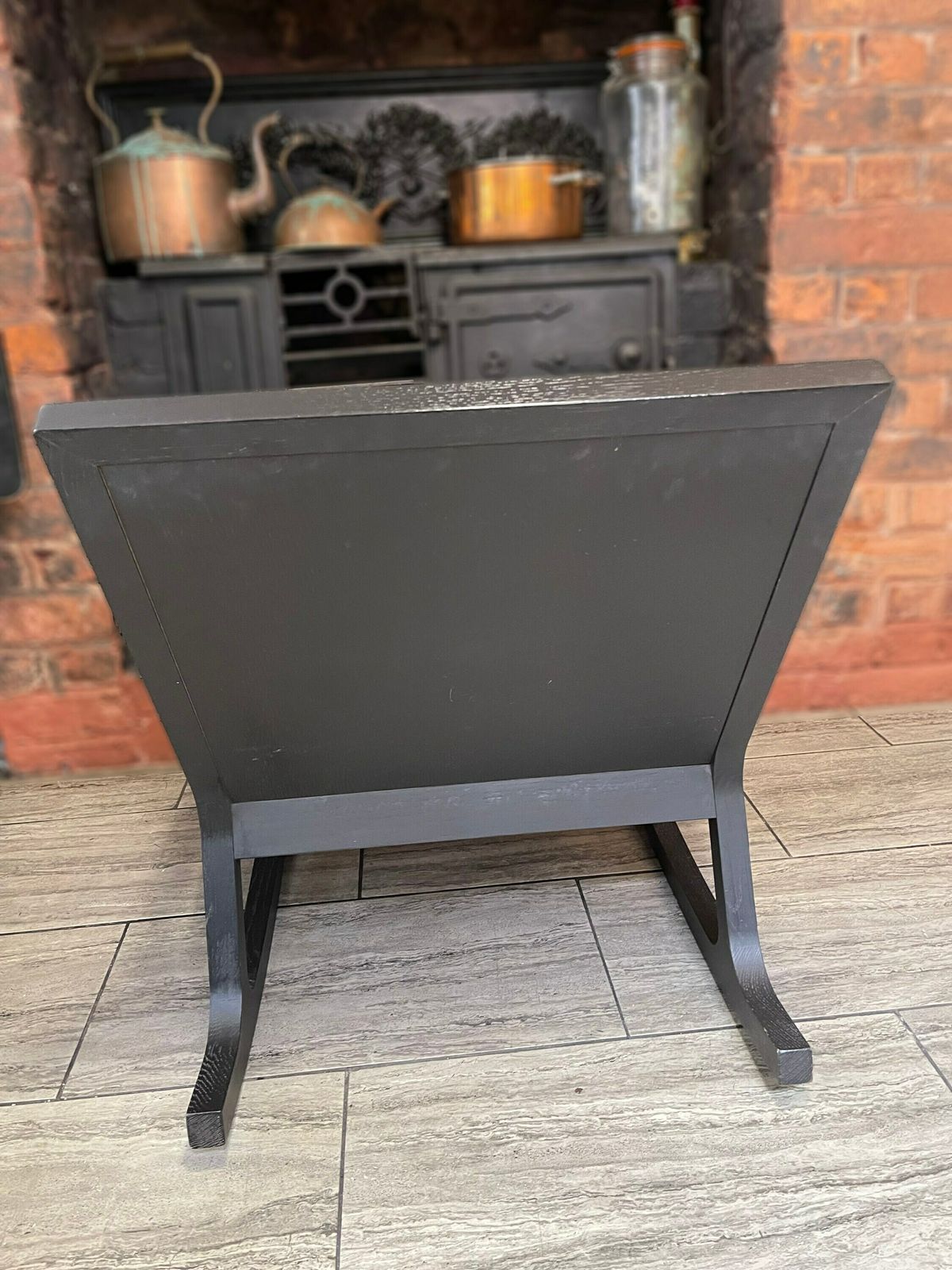 Early 2000's Modernist Black Wood Rocking Chair With Reupholstered Leather Seat And Back Rest Cushion By James Harrison photo vinterior