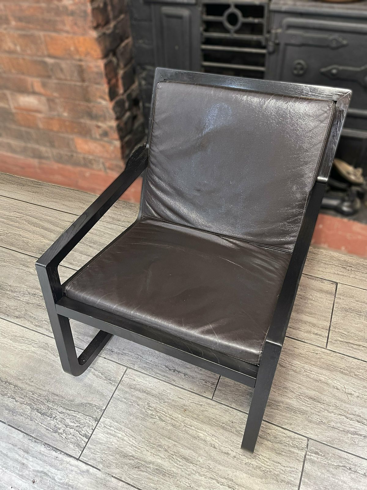 photo furniture Early 2000's Modernist Black Wood Rocking Chair With Reupholstered Leather Seat And Back Rest Cushion By James Harrison