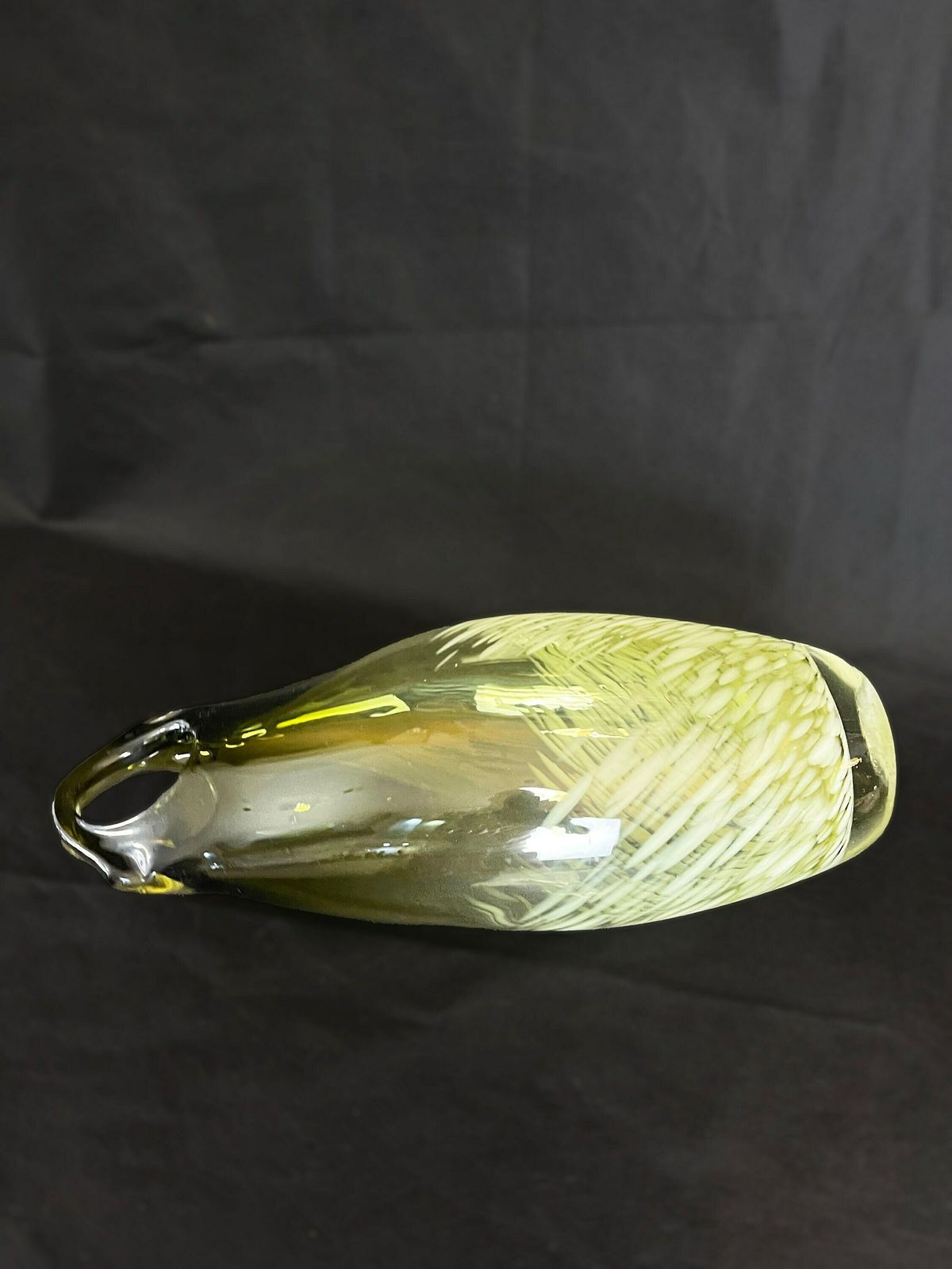 photo for sale Large Mid Century Vintage Large Art Glass Vase With Splatter Glass Pattern In White On Retro Chartreuse Green Base.