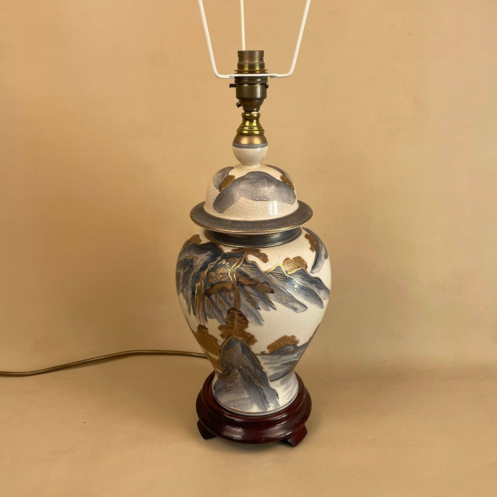 Vintage Ceramic Lamp Oriental Light Bedside Table Hand Painted Mountain Scenic Design Cream Blue Gold Wood Base Vase Cottage Antique photo furniture
