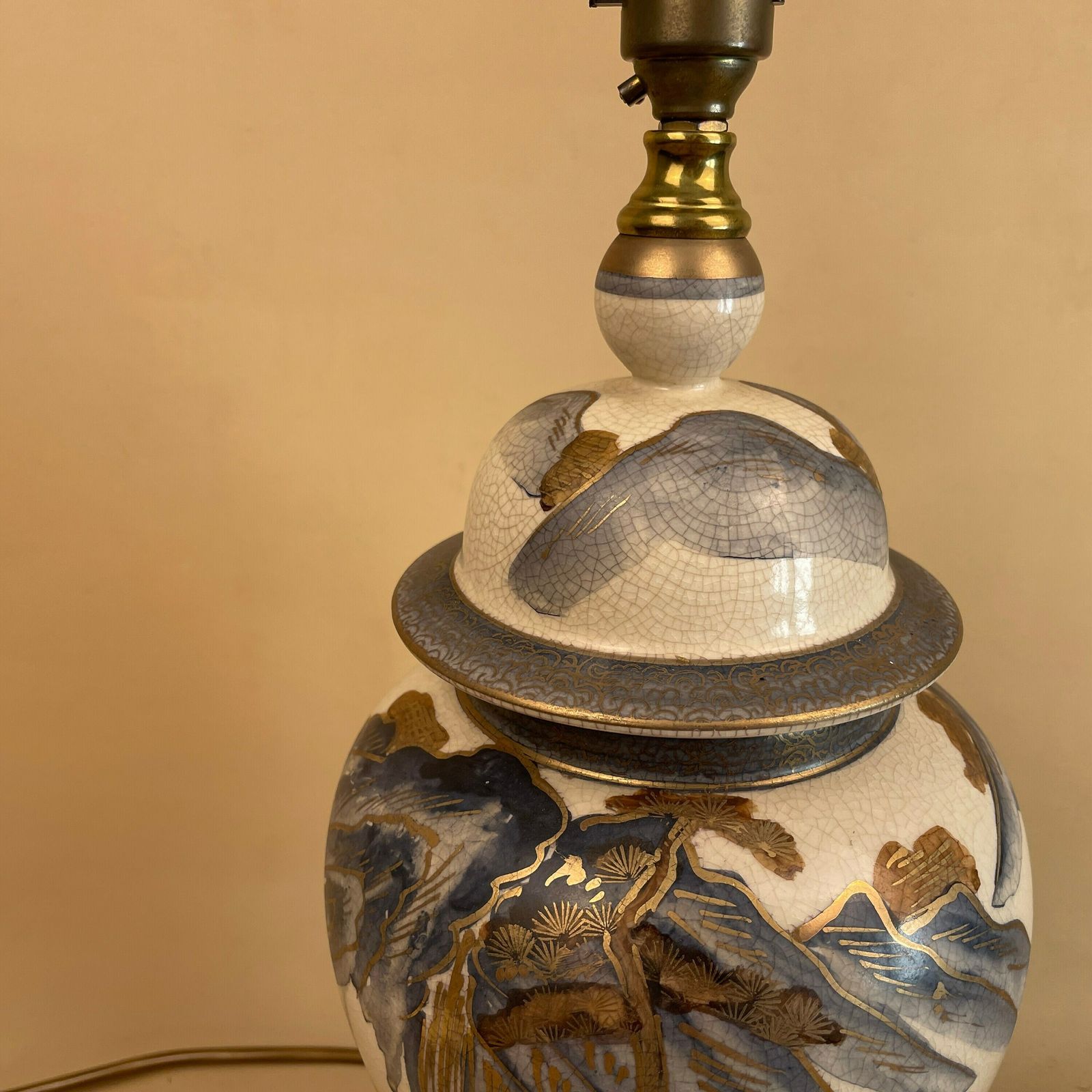 Vintage Ceramic Lamp Oriental Light Bedside Table Hand Painted Mountain Scenic Design Cream Blue Gold Wood Base Vase Cottage Antique photo for sale