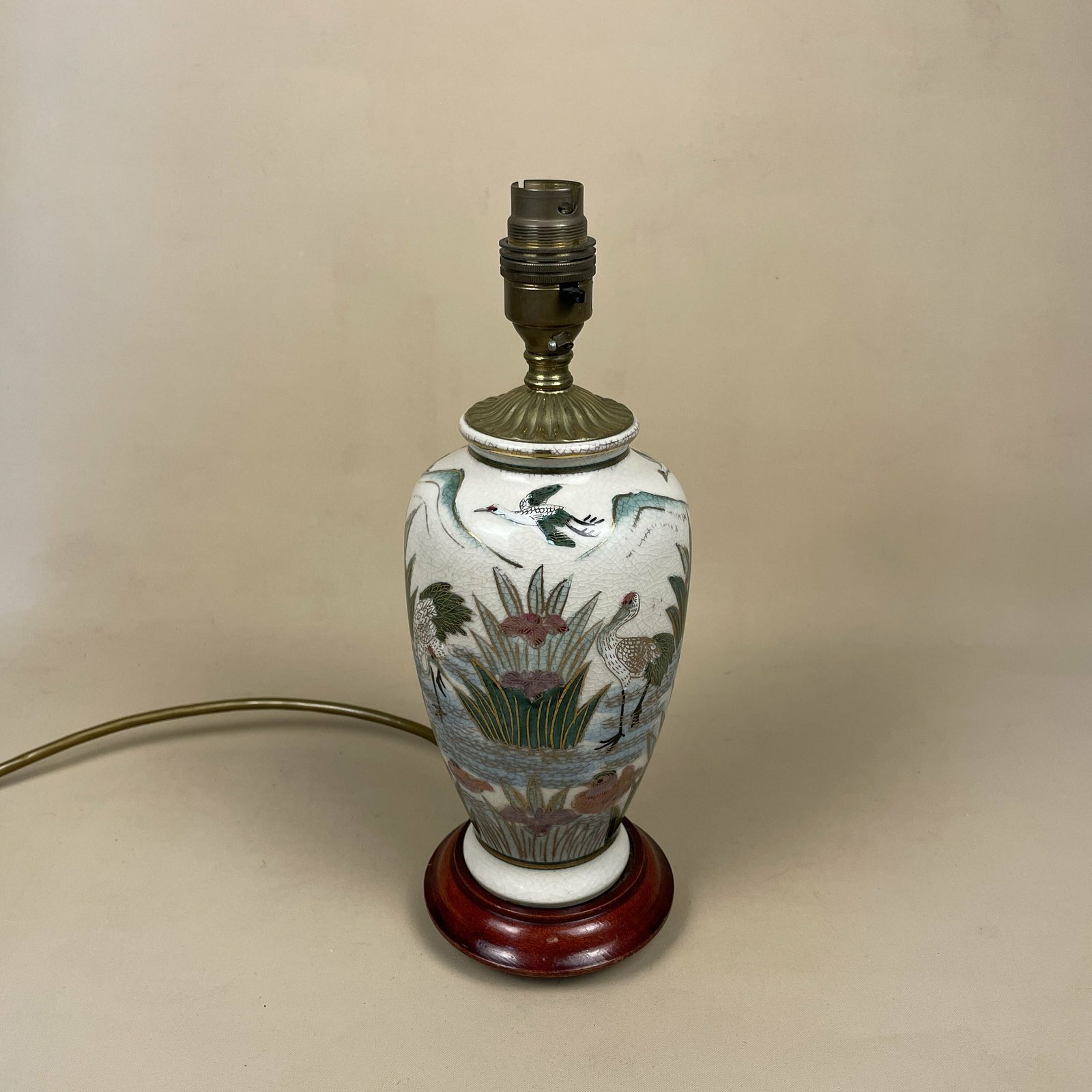 photo for sale Vintage Ceramic Lamp Light Bedside Table Hand Painted Birds Scenic Design White Wood Base Oriental Chinese Vase Cottage Antique Retro Brass