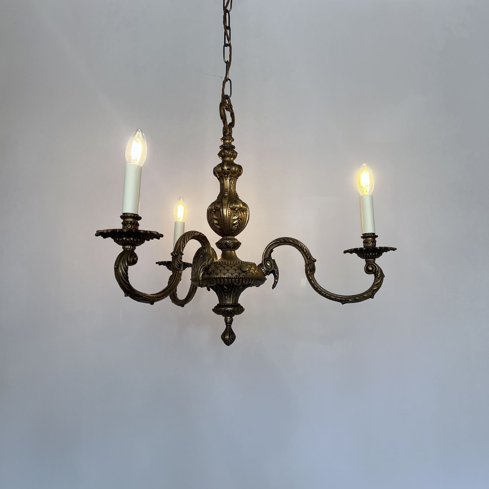 photo furniture Ornate Cast Brass Chandelier With Three Decorative Swan Neck Arms