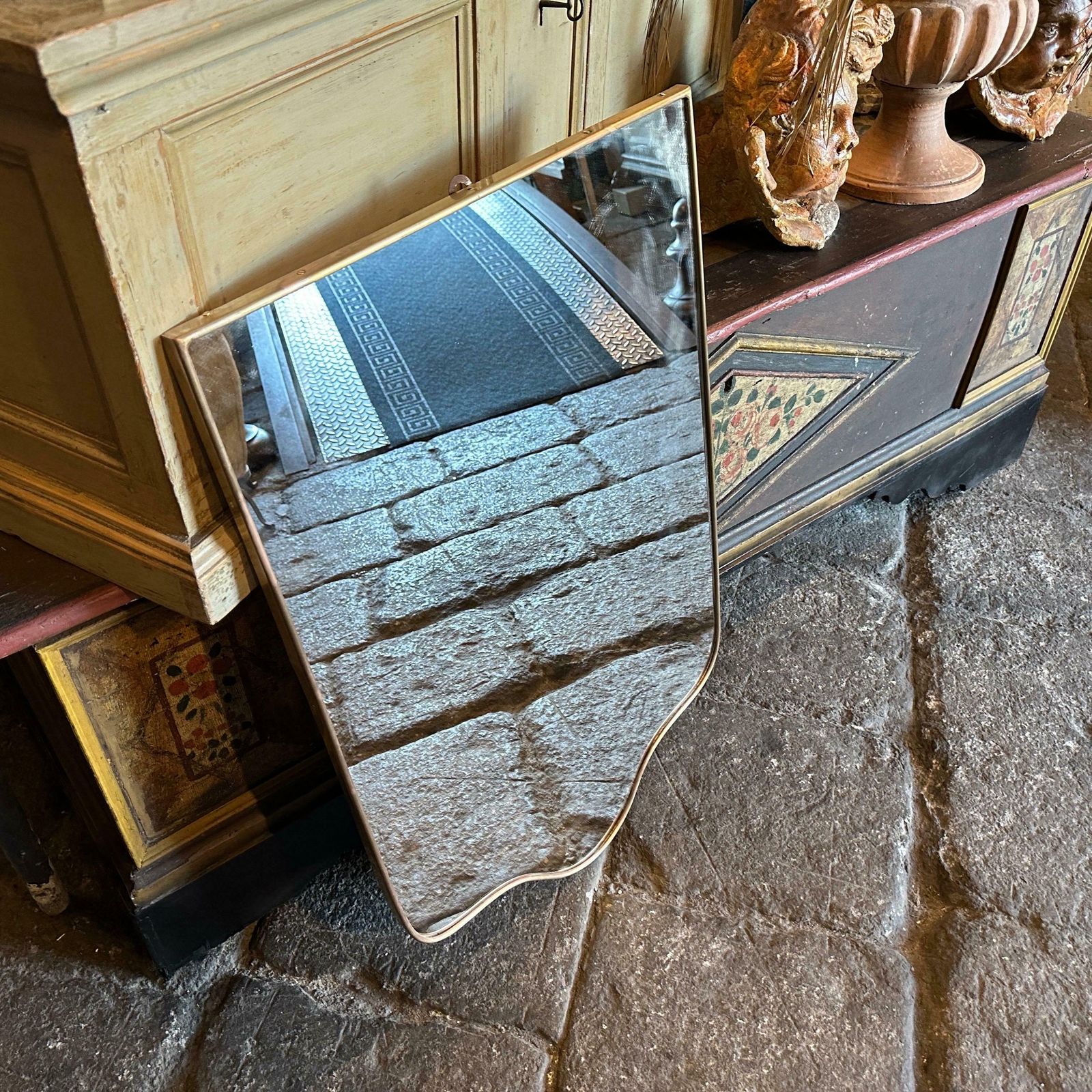 1950s Gio Ponti Style Mid Century Modern Brass Shield Italian Wall Mirror photo furniture