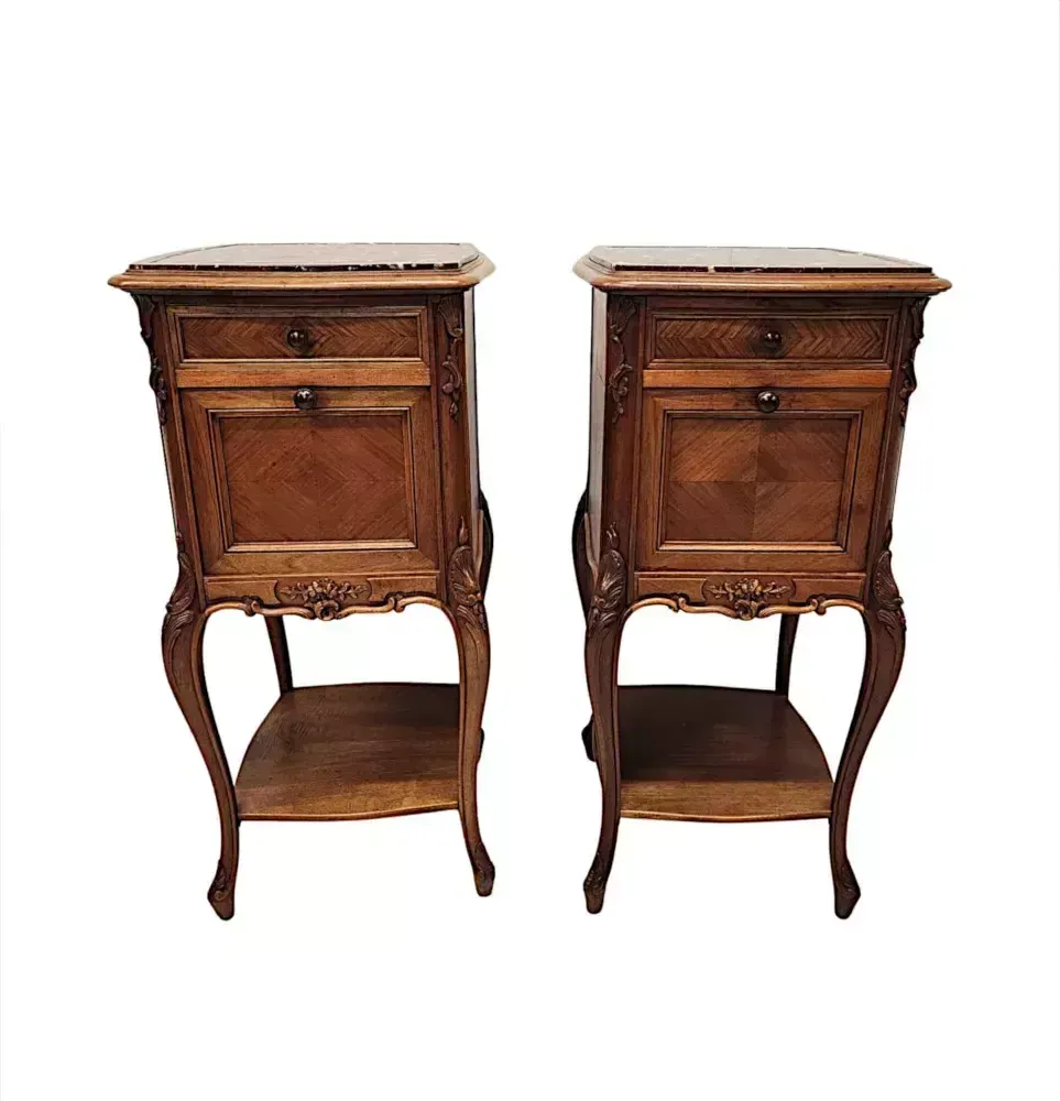 A Stunning Pair Of 19th Century Walnut Marble Top Bedside Cabinets