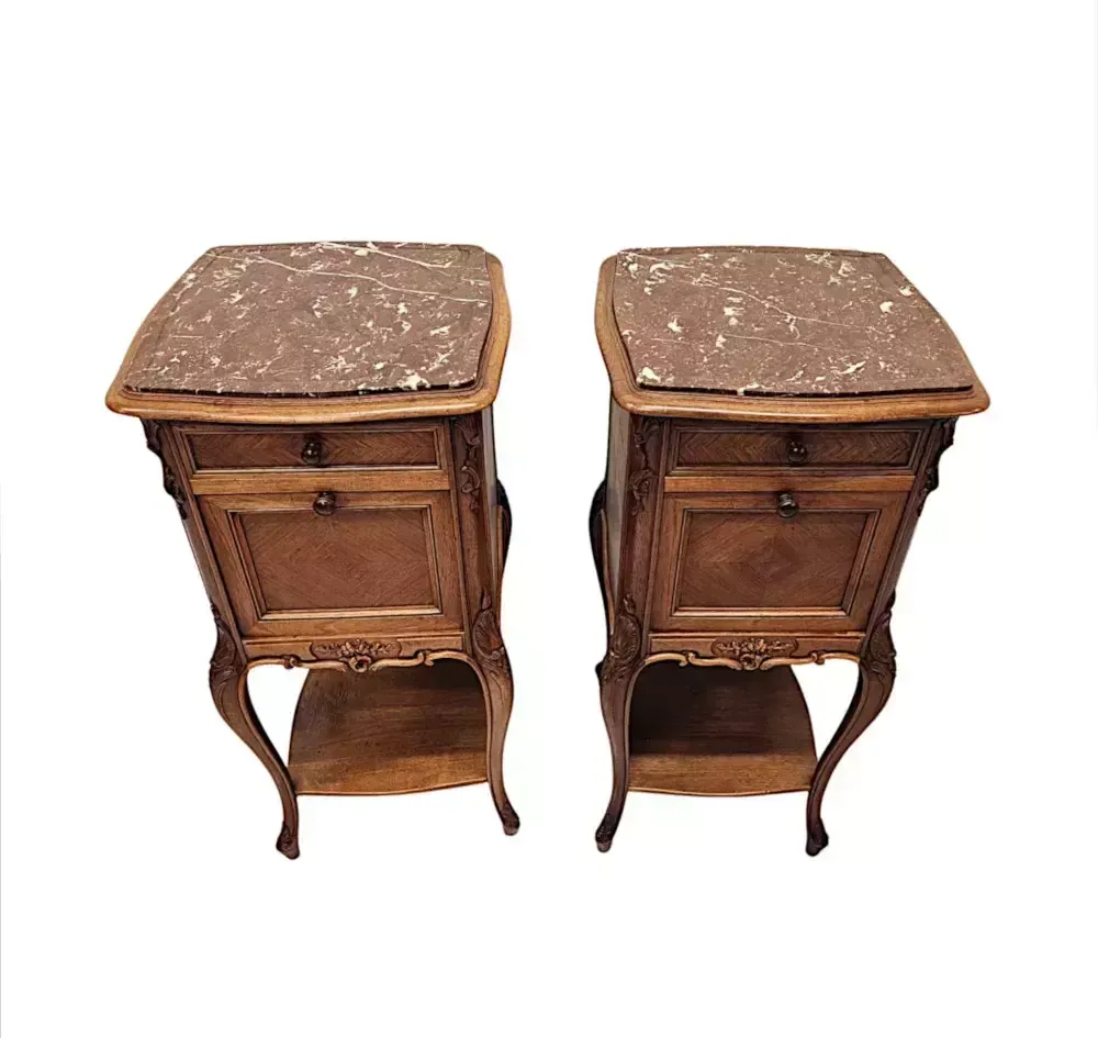 A Stunning Pair Of 19th Century Walnut Marble Top Bedside Cabinets photo furniture