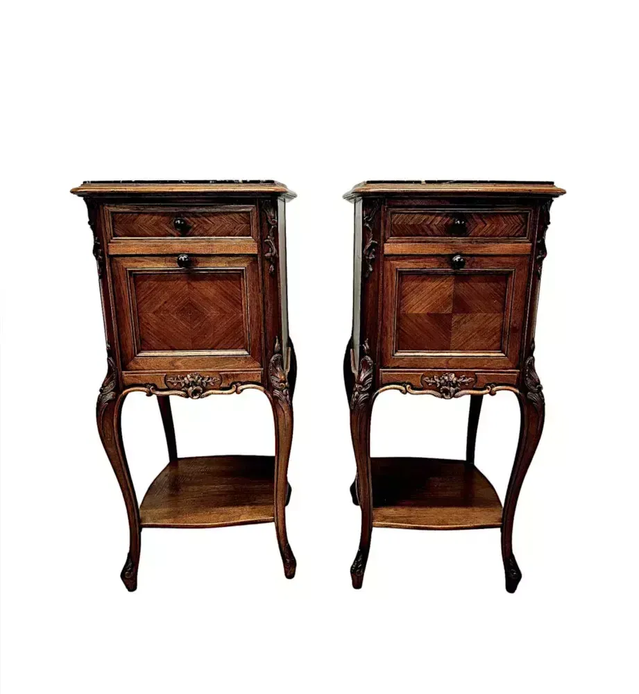A Stunning Pair Of 19th Century Walnut Marble Top Bedside Cabinets photo for sale